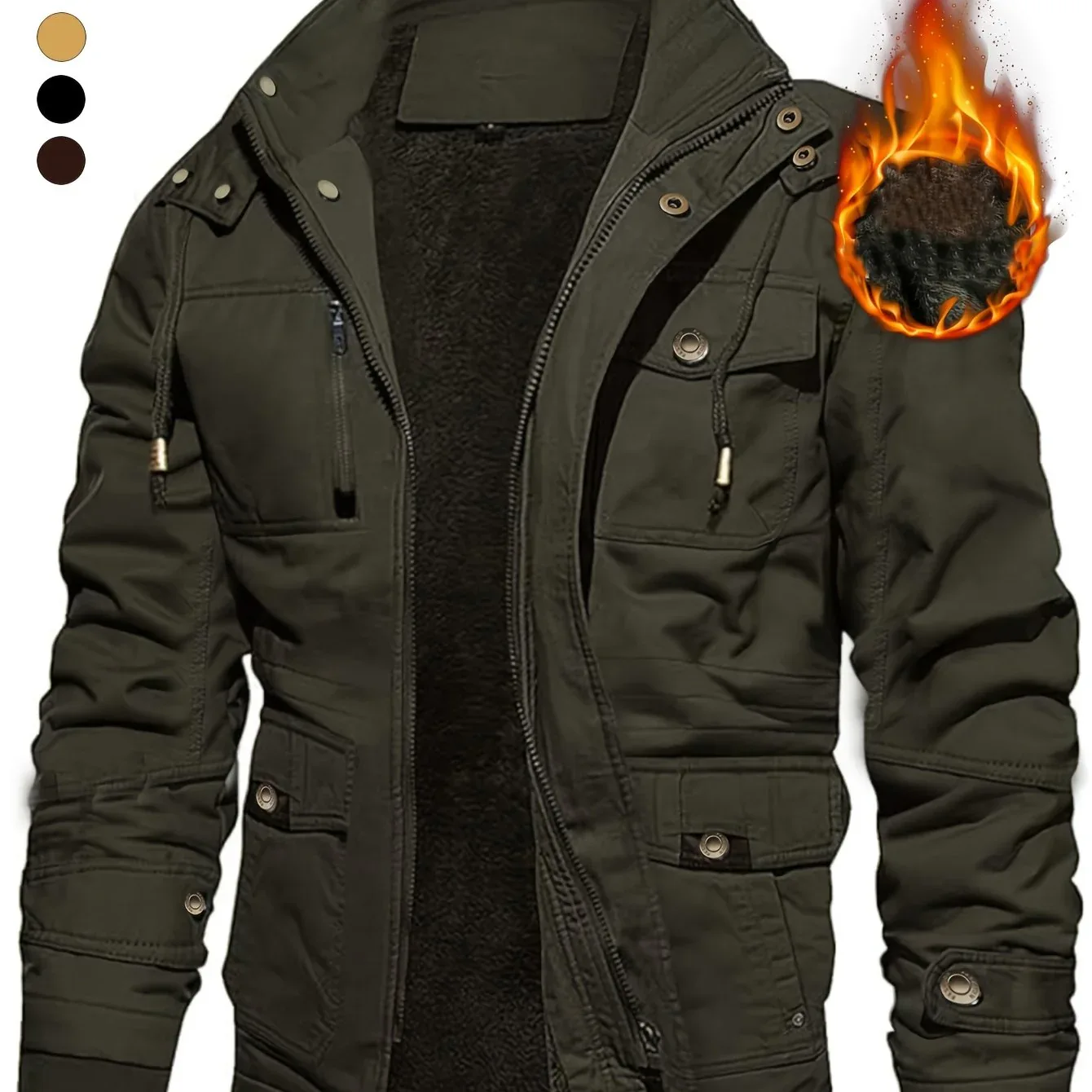 Men'S Thickened Warm Mid-Length Heavyweight Jacket with Detachable Hood - Multiple Zippered Pockets, Casual Outdoor Workwear, Polyester Lined, Button-Up Front, Regular Fit for Cold Weather, Winter Outerwear | Functional Desig - Image 13