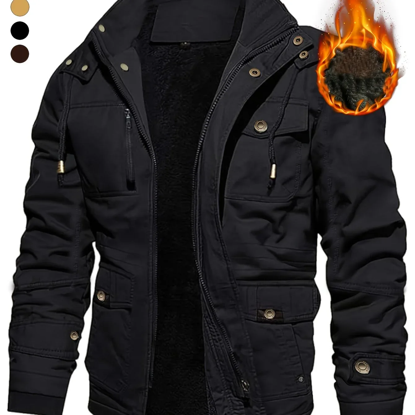 Men'S Thickened Warm Mid-Length Heavyweight Jacket with Detachable Hood - Multiple Zippered Pockets, Casual Outdoor Workwear, Polyester Lined, Button-Up Front, Regular Fit for Cold Weather, Winter Outerwear | Functional Desig - Image 14