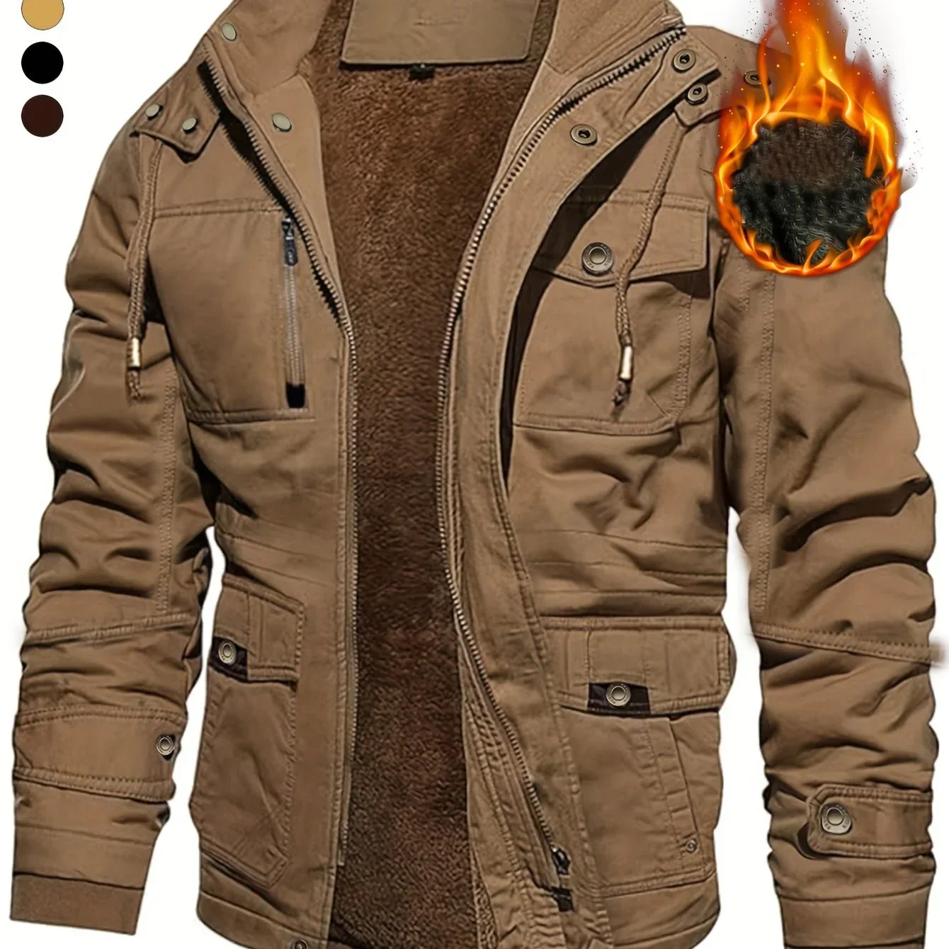 Men'S Thickened Warm Mid-Length Heavyweight Jacket with Detachable Hood - Multiple Zippered Pockets, Casual Outdoor Workwear, Polyester Lined, Button-Up Front, Regular Fit for Cold Weather, Winter Outerwear | Functional Desig - Image 15