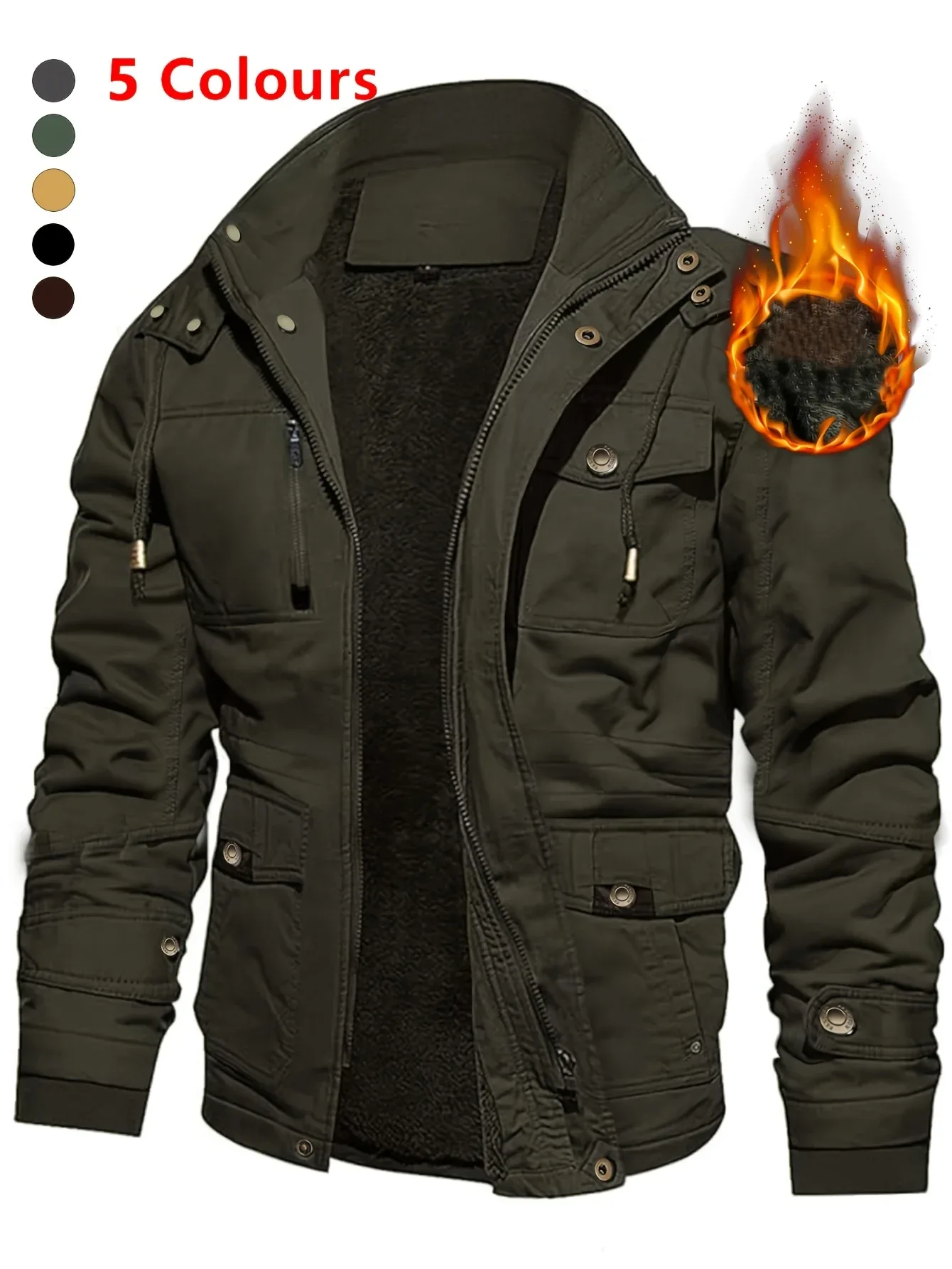 Men'S Thickened Warm Mid-Length Heavyweight Jacket with Detachable Hood - Multiple Zippered Pockets, Casual Outdoor Workwear, Polyester Lined, Button-Up Front, Regular Fit for Cold Weather, Winter Outerwear | Functional Desig - Image 2