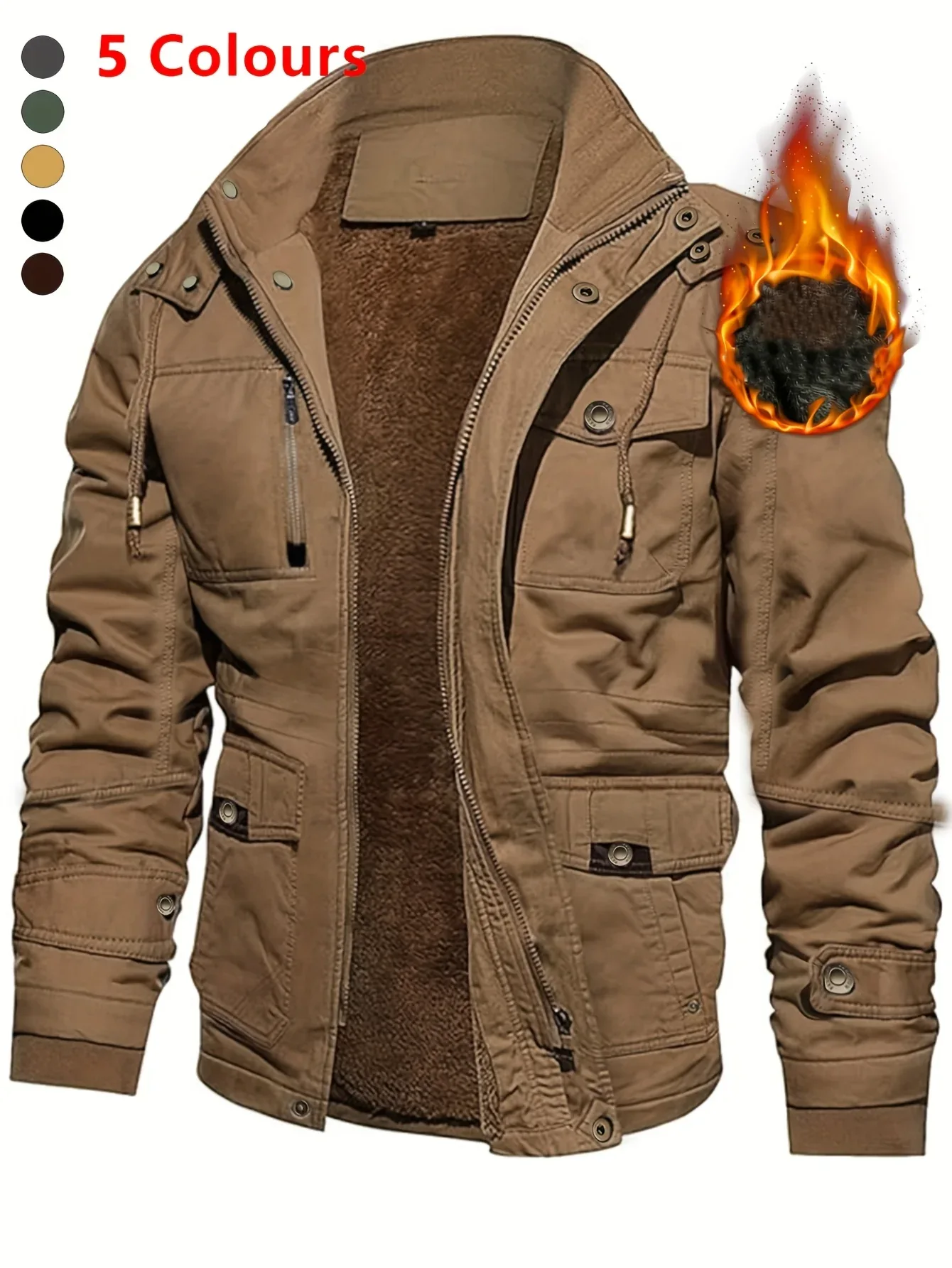 Men'S Thickened Warm Mid-Length Heavyweight Jacket with Detachable Hood - Multiple Zippered Pockets, Casual Outdoor Workwear, Polyester Lined, Button-Up Front, Regular Fit for Cold Weather, Winter Outerwear | Functional Desig - Image 3