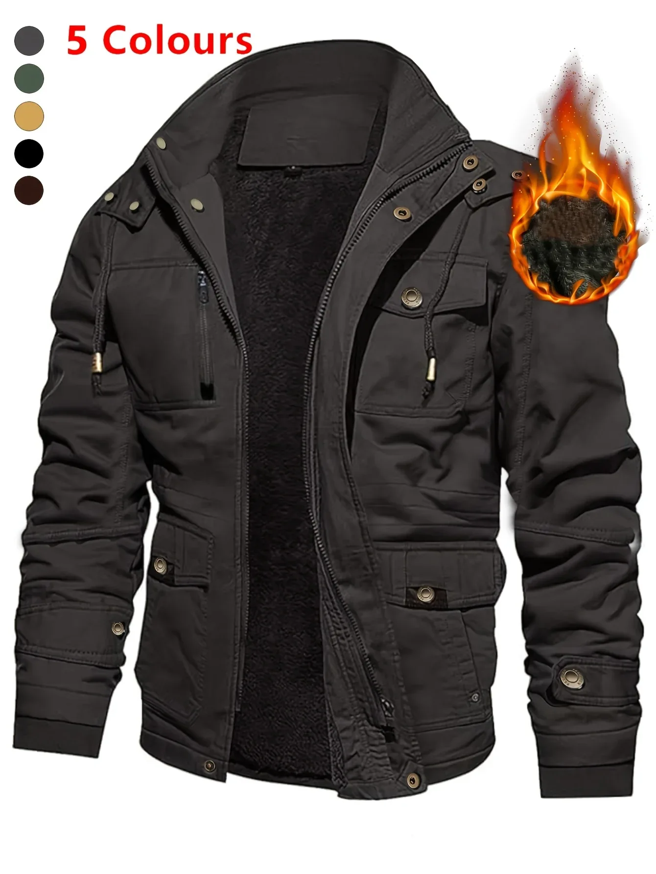 Men'S Thickened Warm Mid-Length Heavyweight Jacket with Detachable Hood - Multiple Zippered Pockets, Casual Outdoor Workwear, Polyester Lined, Button-Up Front, Regular Fit for Cold Weather, Winter Outerwear | Functional Desig - Image 4