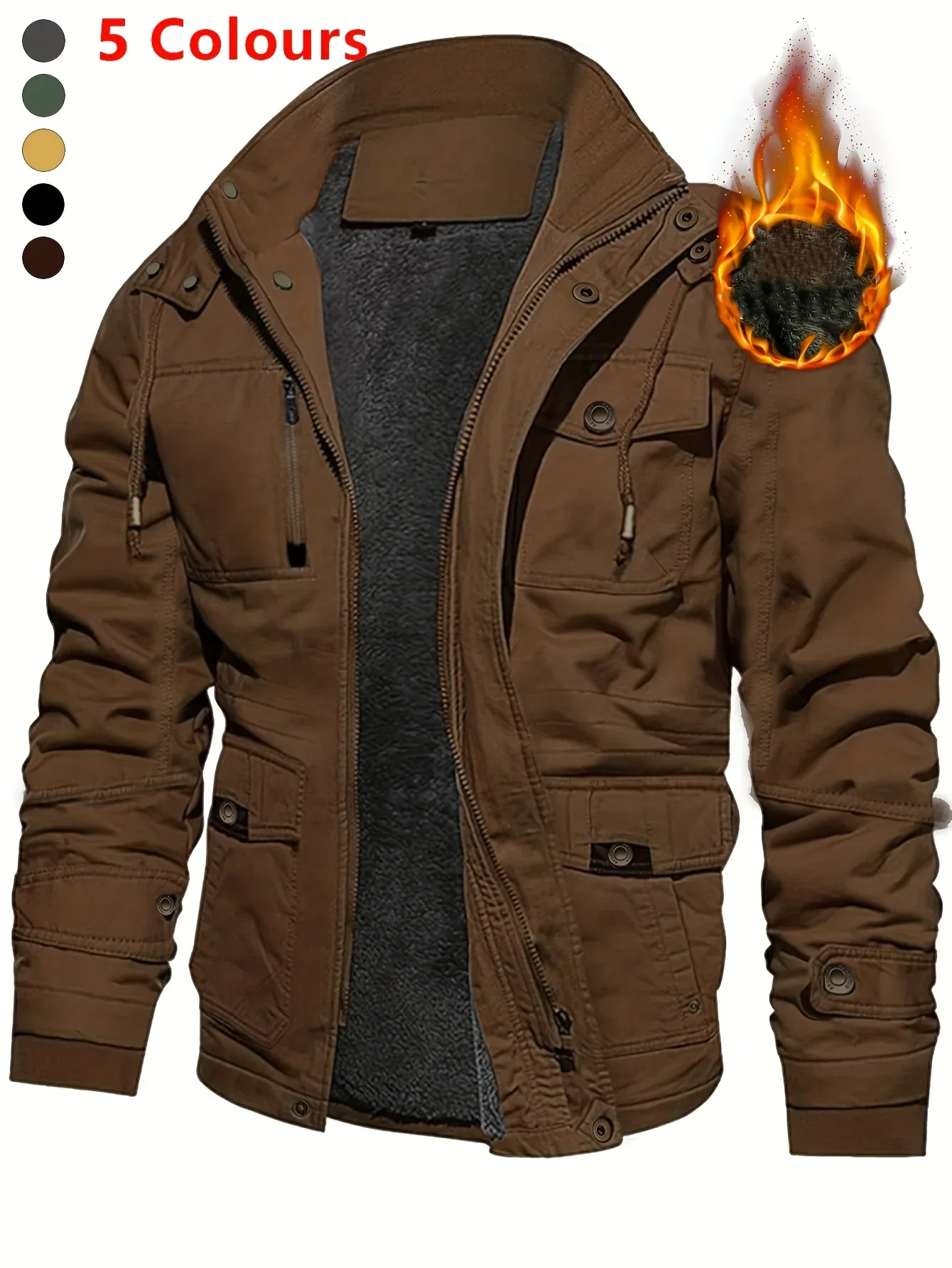 Men'S Thickened Warm Mid-Length Heavyweight Jacket with Detachable Hood - Multiple Zippered Pockets, Casual Outdoor Workwear, Polyester Lined, Button-Up Front, Regular Fit for Cold Weather, Winter Outerwear | Functional Desig - Image 5