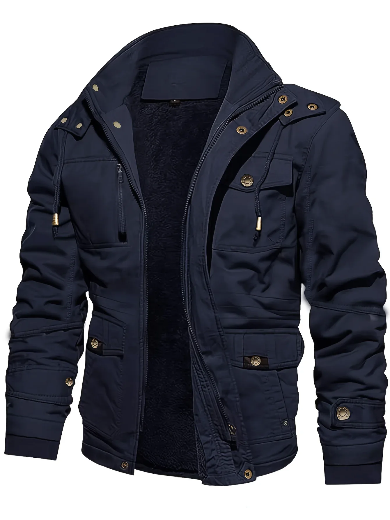 Men'S Thickened Warm Mid-Length Heavyweight Jacket with Detachable Hood - Multiple Zippered Pockets, Casual Outdoor Workwear, Polyester Lined, Button-Up Front, Regular Fit for Cold Weather, Winter Outerwear | Functional Desig - Image 6
