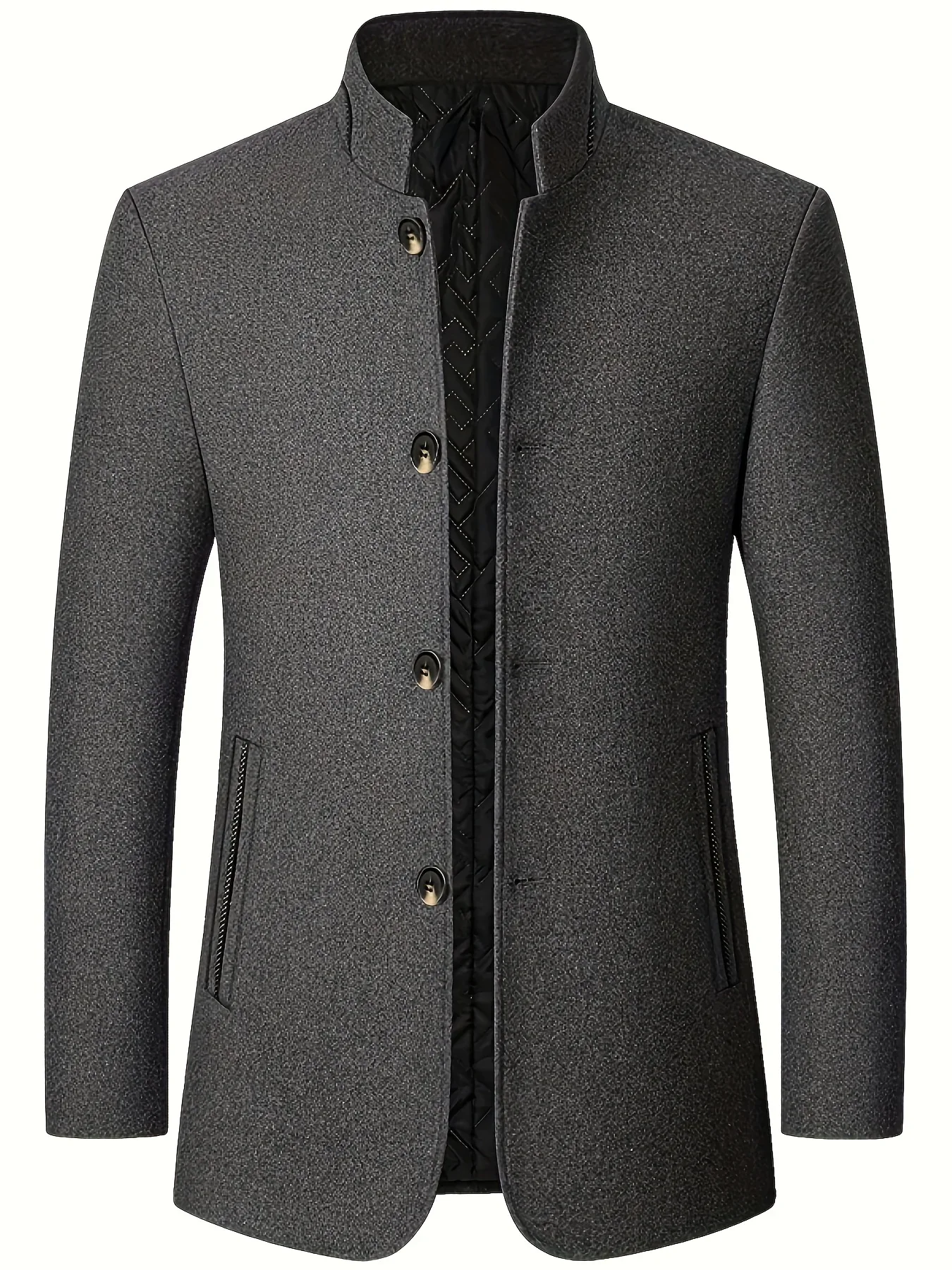 Men's Tweed Jacket with Stand Collar - Winter Warm Casual Coat, Single-Breasted Button Front & Pockets, Solid Color Tweed Fabric (Hand Washable) for Outdoor, Office, Smart-Casual - Versatile Cold-Weather Outerwear