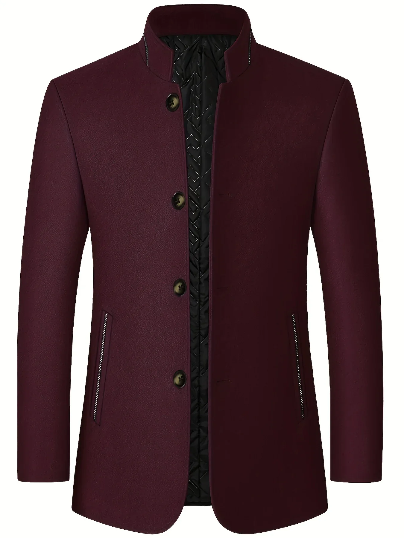 Men's Tweed Jacket with Stand Collar - Winter Warm Casual Coat, Single-Breasted Button Front & Pockets, Solid Color Tweed Fabric (Hand Washable) for Outdoor, Office, Smart-Casual - Versatile Cold-Weather Outerwear - Image 2