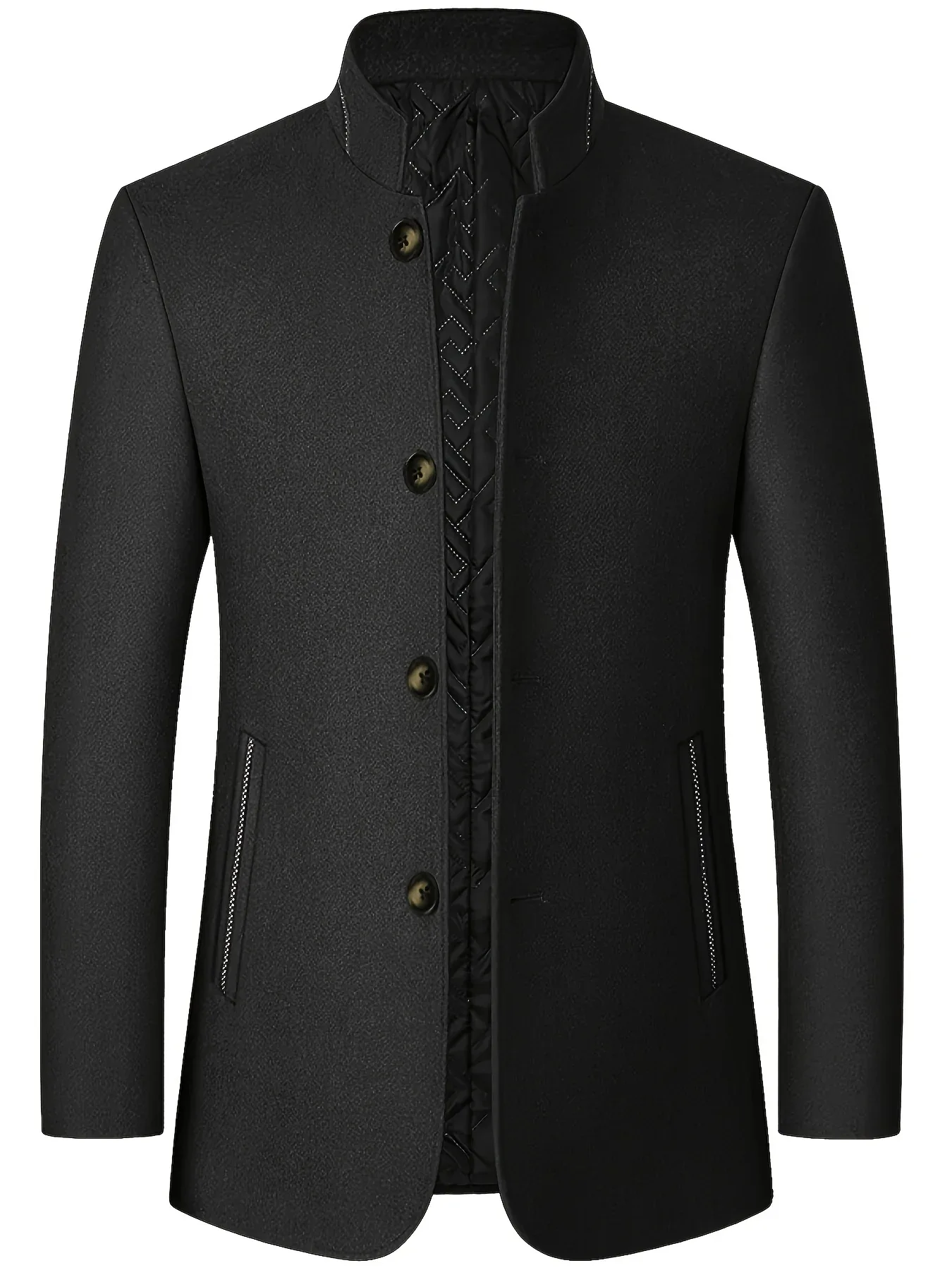 Men's Tweed Jacket with Stand Collar - Winter Warm Casual Coat, Single-Breasted Button Front & Pockets, Solid Color Tweed Fabric (Hand Washable) for Outdoor, Office, Smart-Casual - Versatile Cold-Weather Outerwear - Image 3