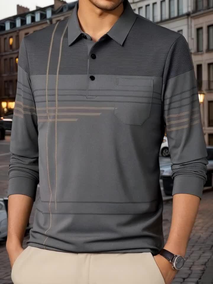 Men's Vintage-Inspired Striped Shirt with Chest Pocket - Breathable, Long Sleeve, Button Detail for Golf & Outdoor Activities - Image 11
