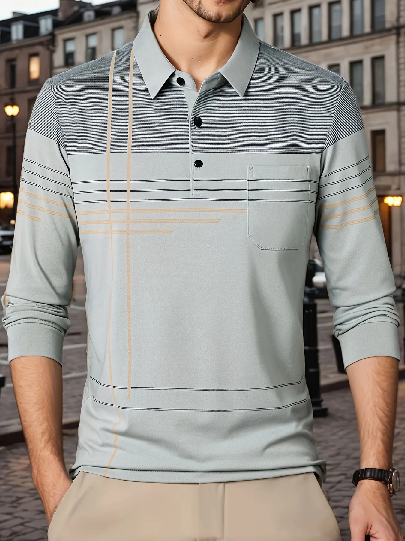 Men's Vintage-Inspired Striped Shirt with Chest Pocket - Breathable, Long Sleeve, Button Detail for Golf & Outdoor Activities - Image 15