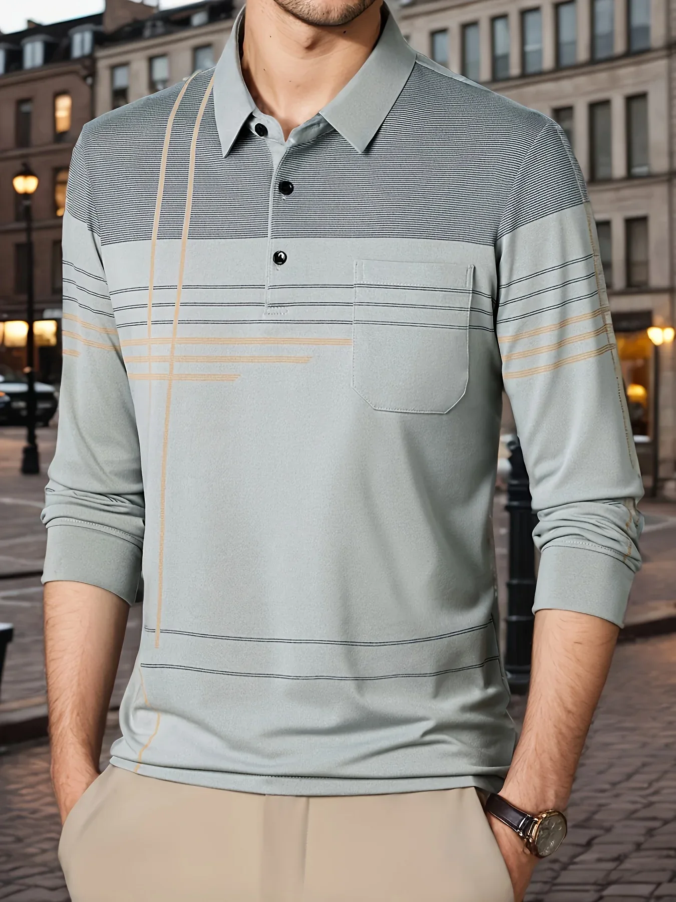 Men's Vintage-Inspired Striped Shirt with Chest Pocket - Breathable, Long Sleeve, Button Detail for Golf & Outdoor Activities - Image 16