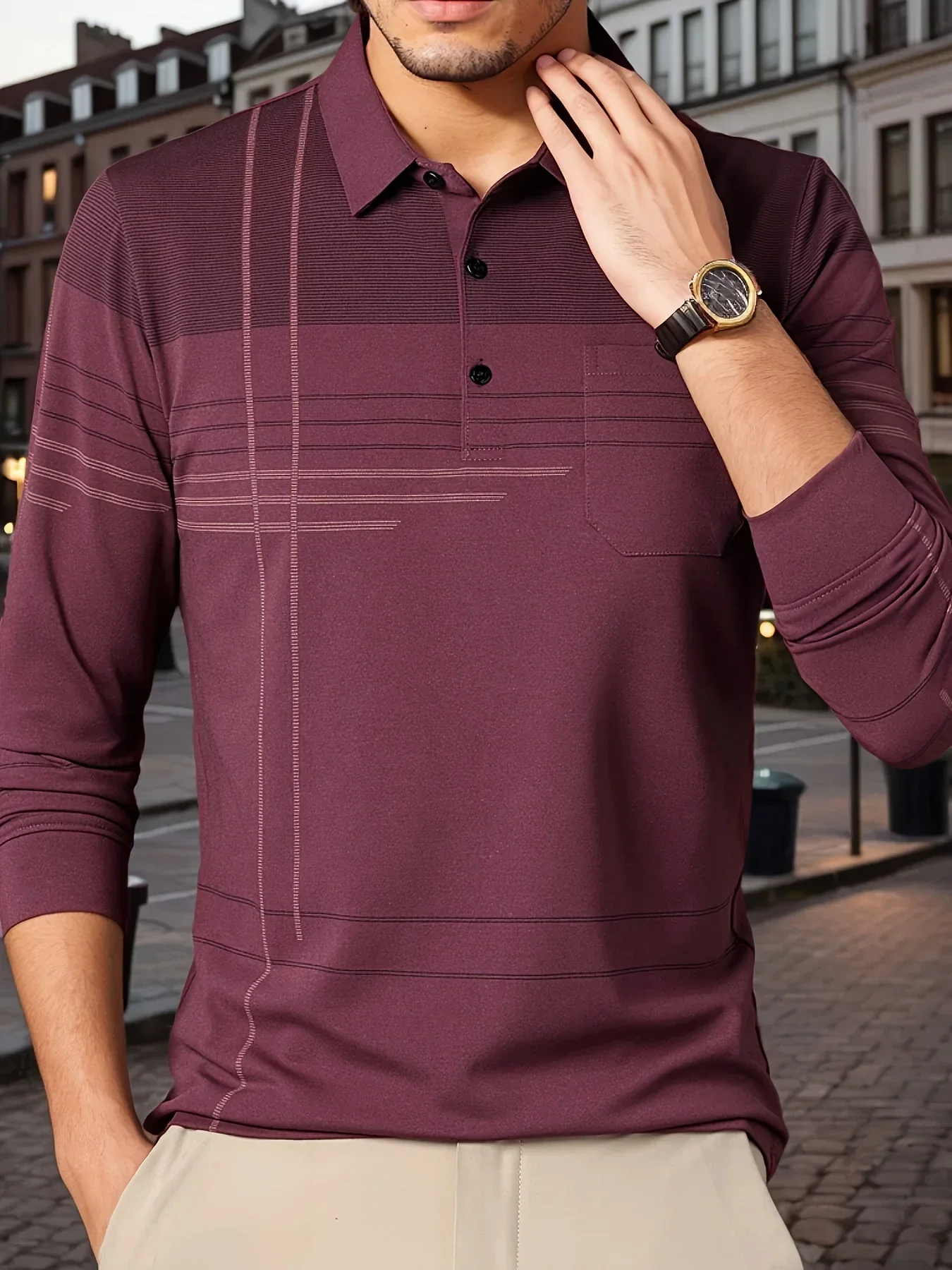 Men's Vintage-Inspired Striped Shirt with Chest Pocket - Breathable, Long Sleeve, Button Detail for Golf & Outdoor Activities - Image 17