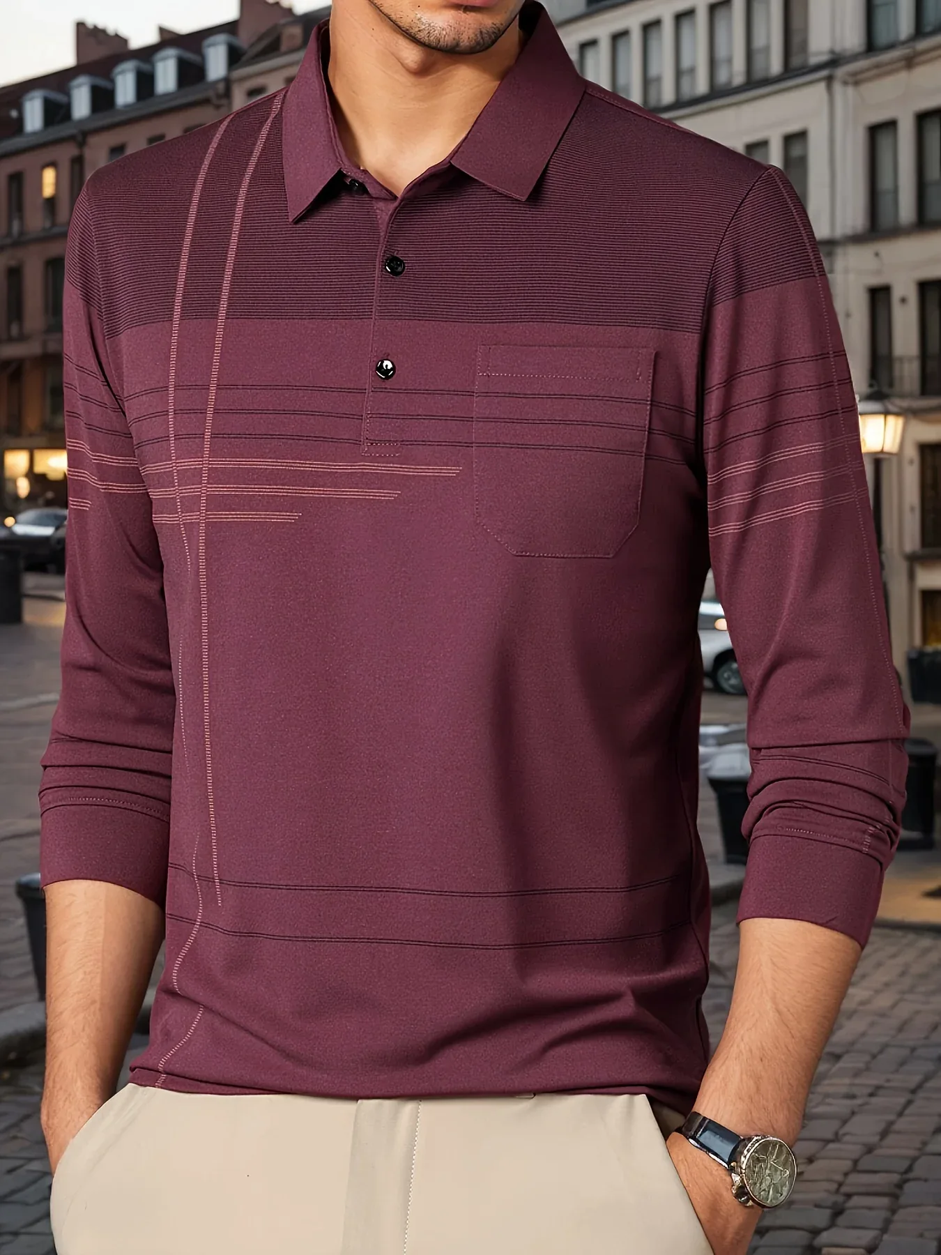 Men's Vintage-Inspired Striped Shirt with Chest Pocket - Breathable, Long Sleeve, Button Detail for Golf & Outdoor Activities - Image 19