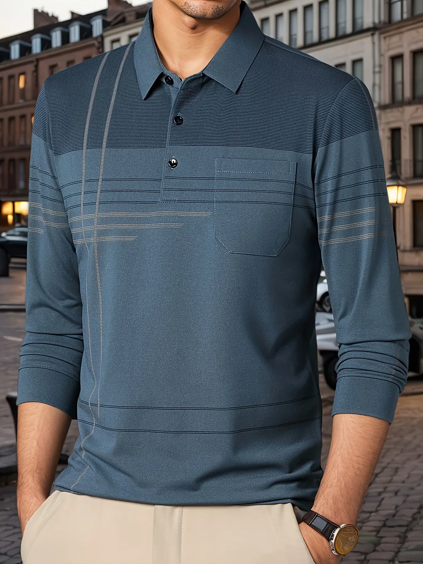 Men's Vintage-Inspired Striped Shirt with Chest Pocket - Breathable, Long Sleeve, Button Detail for Golf & Outdoor Activities - Image 24