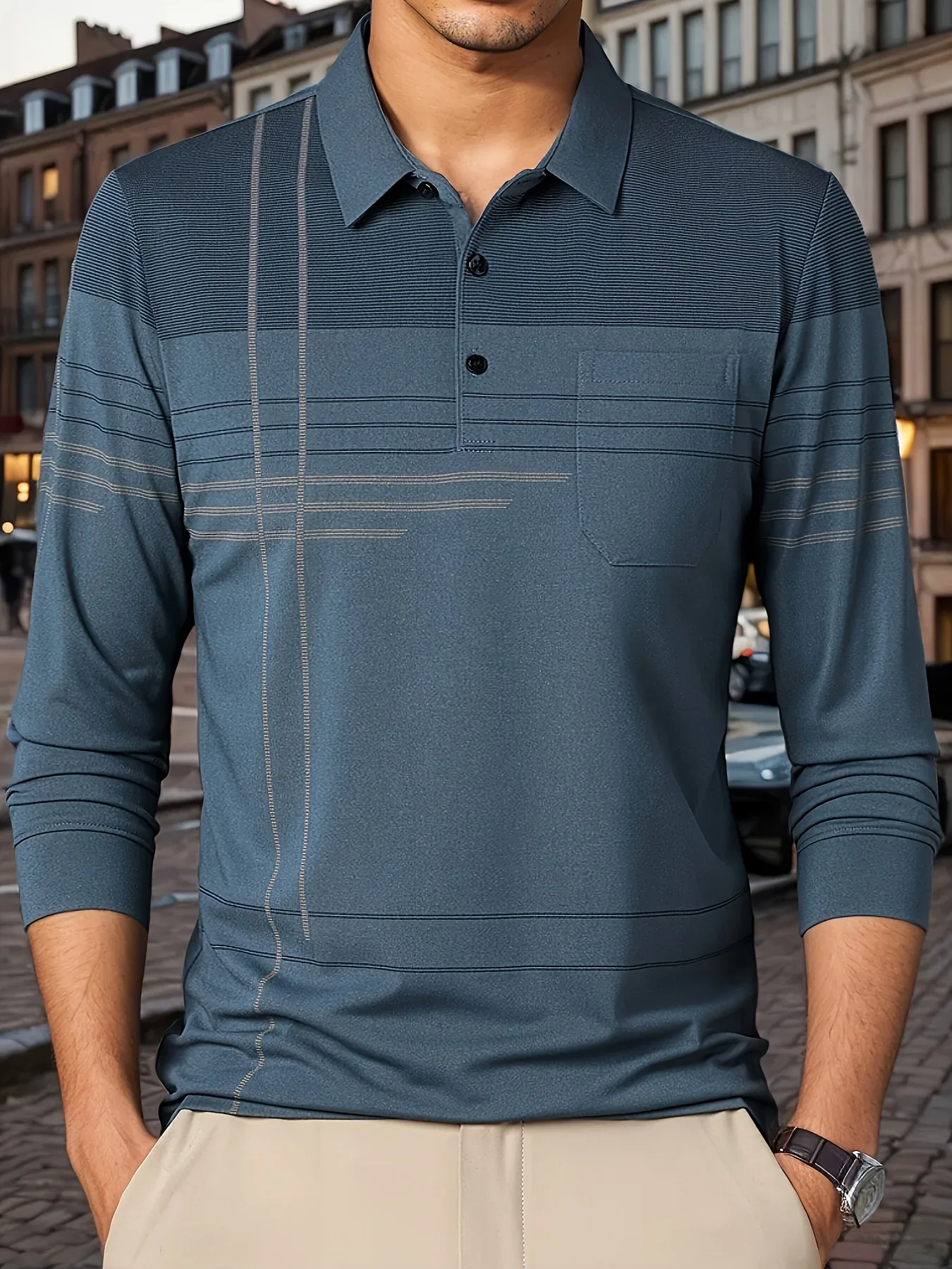 Men's Vintage-Inspired Striped Shirt with Chest Pocket - Breathable, Long Sleeve, Button Detail for Golf & Outdoor Activities - Image 25