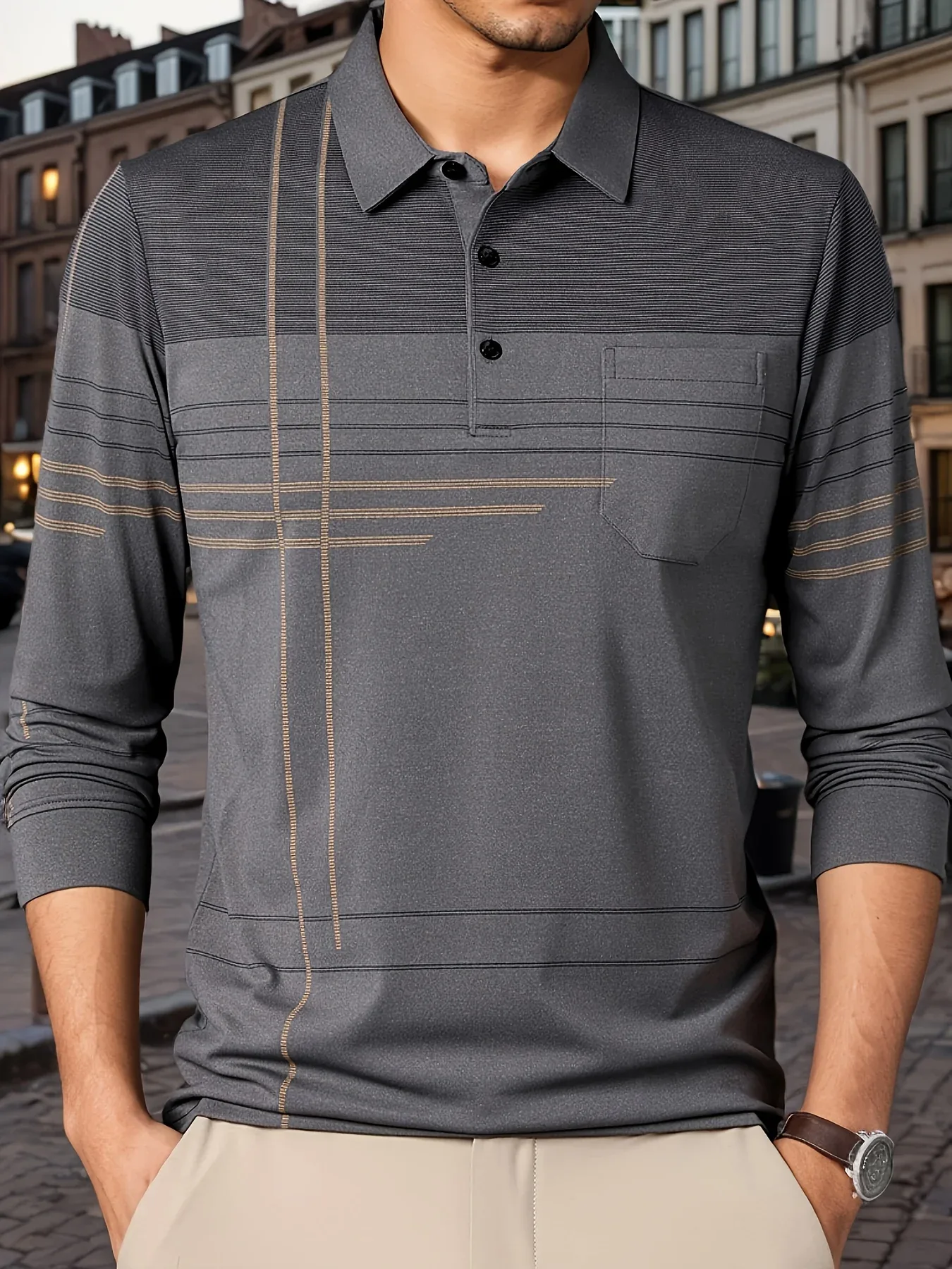 Men's Vintage-Inspired Striped Shirt with Chest Pocket - Breathable, Long Sleeve, Button Detail for Golf & Outdoor Activities - Image 33