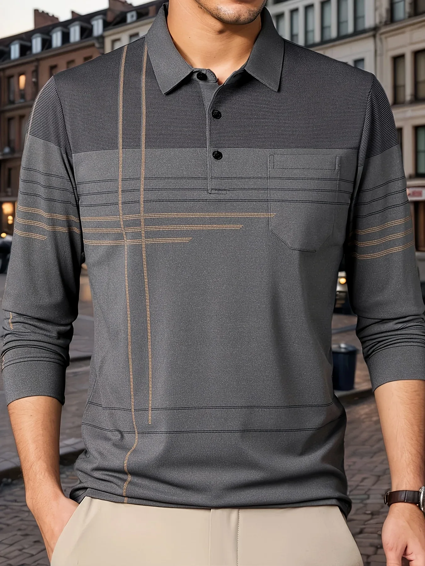 Men's Vintage-Inspired Striped Shirt with Chest Pocket - Breathable, Long Sleeve, Button Detail for Golf & Outdoor Activities - Image 34