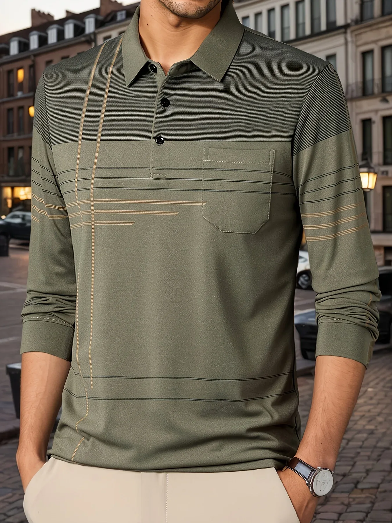 Men's Vintage-Inspired Striped Shirt with Chest Pocket - Breathable, Long Sleeve, Button Detail for Golf & Outdoor Activities - Image 38