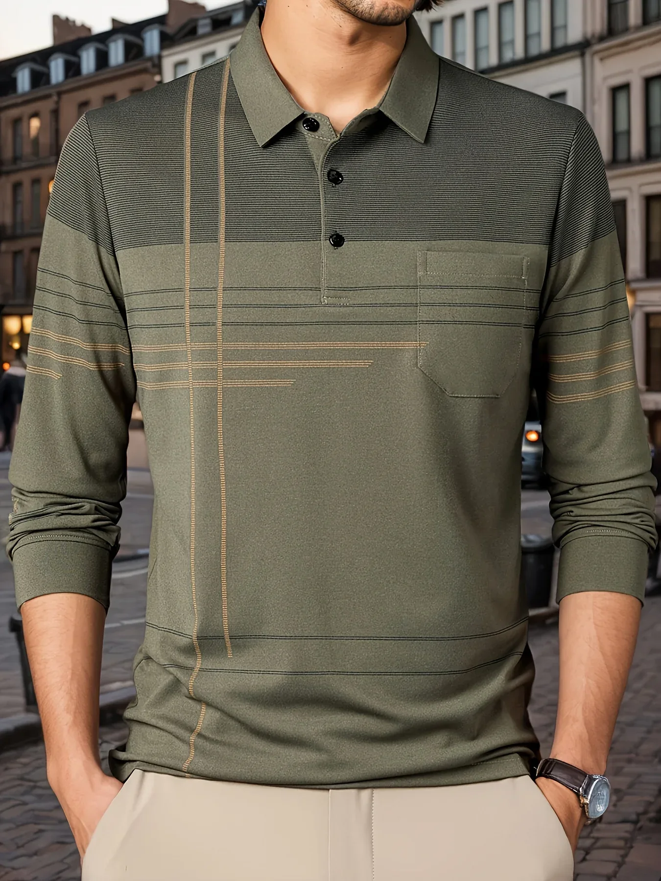 Men's Vintage-Inspired Striped Shirt with Chest Pocket - Breathable, Long Sleeve, Button Detail for Golf & Outdoor Activities - Image 40