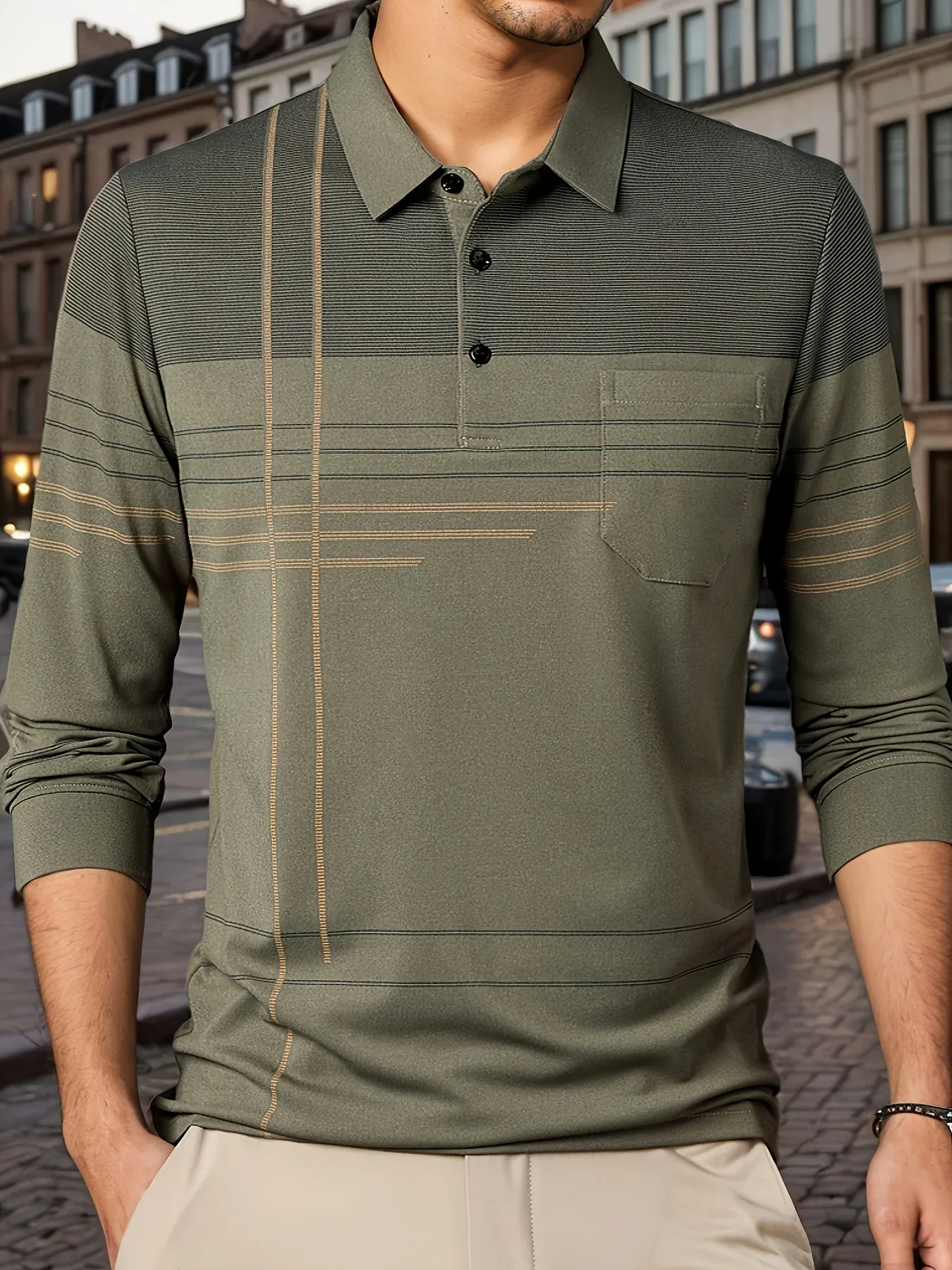 Men's Vintage-Inspired Striped Shirt with Chest Pocket - Breathable, Long Sleeve, Button Detail for Golf & Outdoor Activities - Image 42