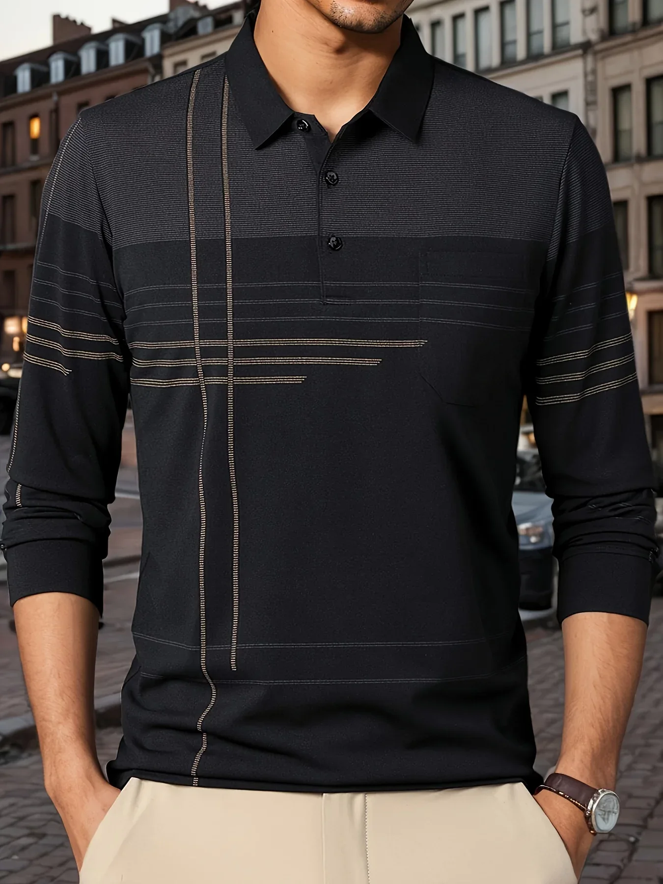 Men's Vintage-Inspired Striped Shirt with Chest Pocket - Breathable, Long Sleeve, Button Detail for Golf & Outdoor Activities - Image 43