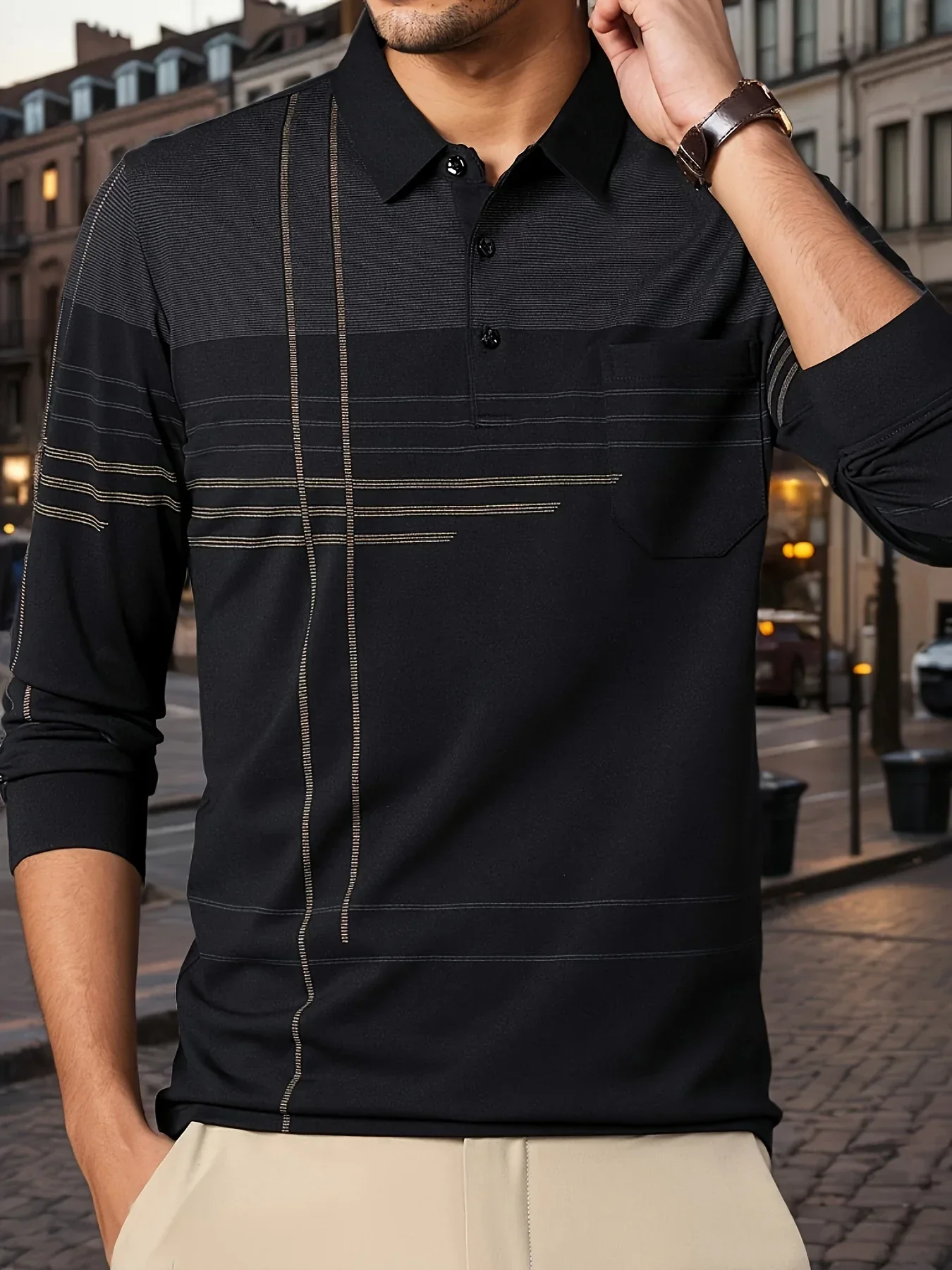 Men's Vintage-Inspired Striped Shirt with Chest Pocket - Breathable, Long Sleeve, Button Detail for Golf & Outdoor Activities - Image 46