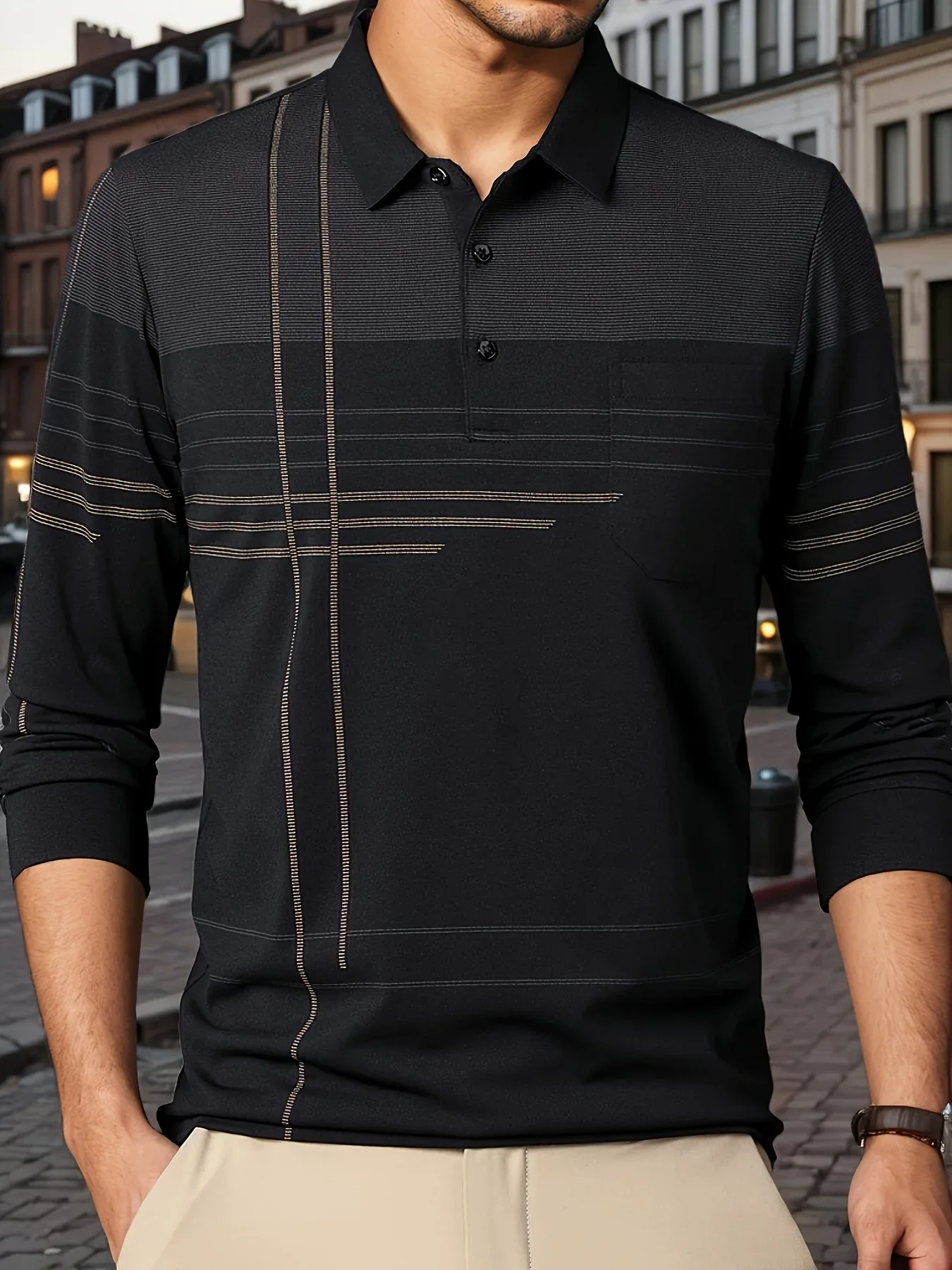 Men's Vintage-Inspired Striped Shirt with Chest Pocket - Breathable, Long Sleeve, Button Detail for Golf & Outdoor Activities - Image 47