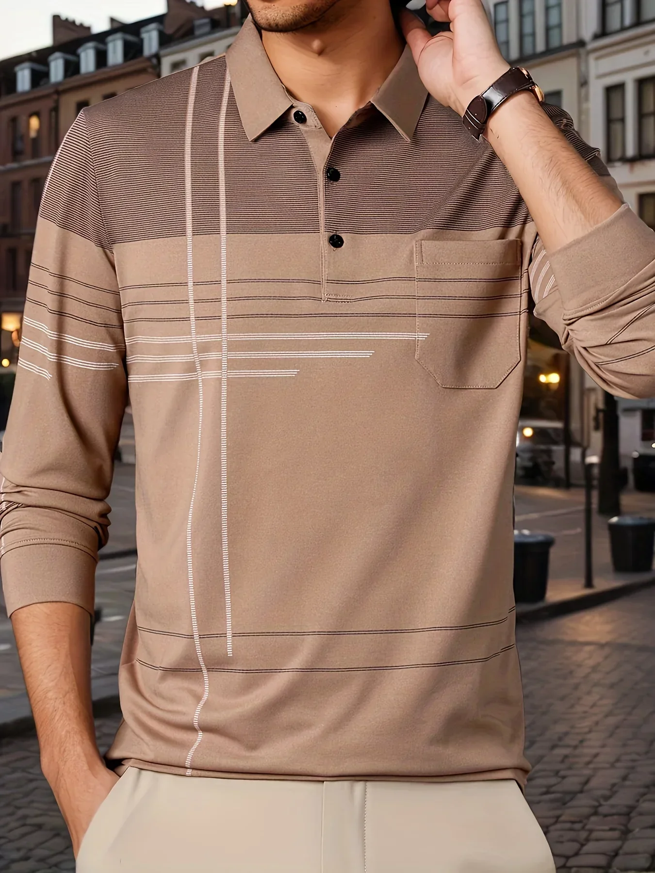 Men's Vintage-Inspired Striped Shirt with Chest Pocket - Breathable, Long Sleeve, Button Detail for Golf & Outdoor Activities - Image 51
