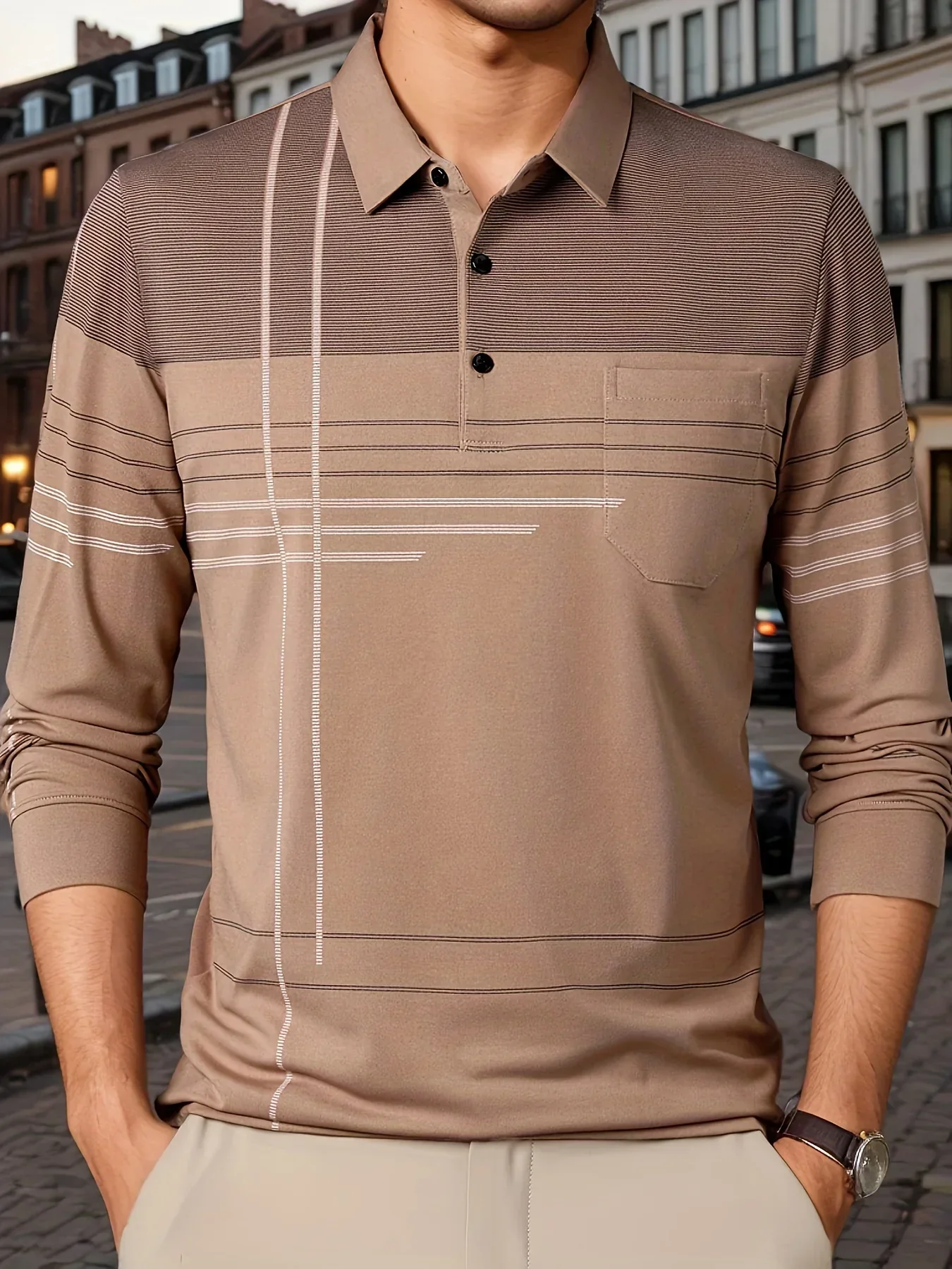 Men's Vintage-Inspired Striped Shirt with Chest Pocket - Breathable, Long Sleeve, Button Detail for Golf & Outdoor Activities - Image 52