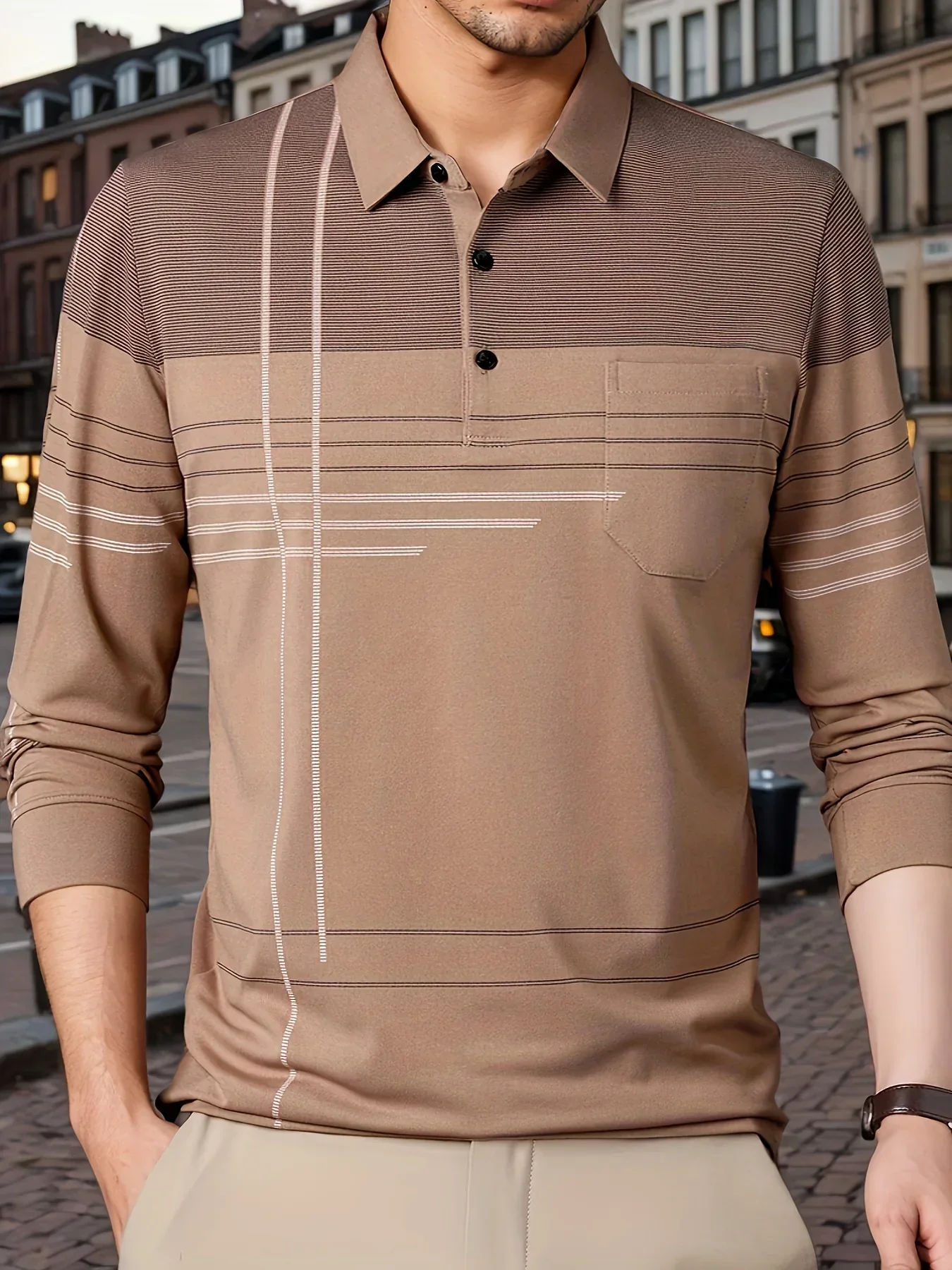 Men's Vintage-Inspired Striped Shirt with Chest Pocket - Breathable, Long Sleeve, Button Detail for Golf & Outdoor Activities - Image 55