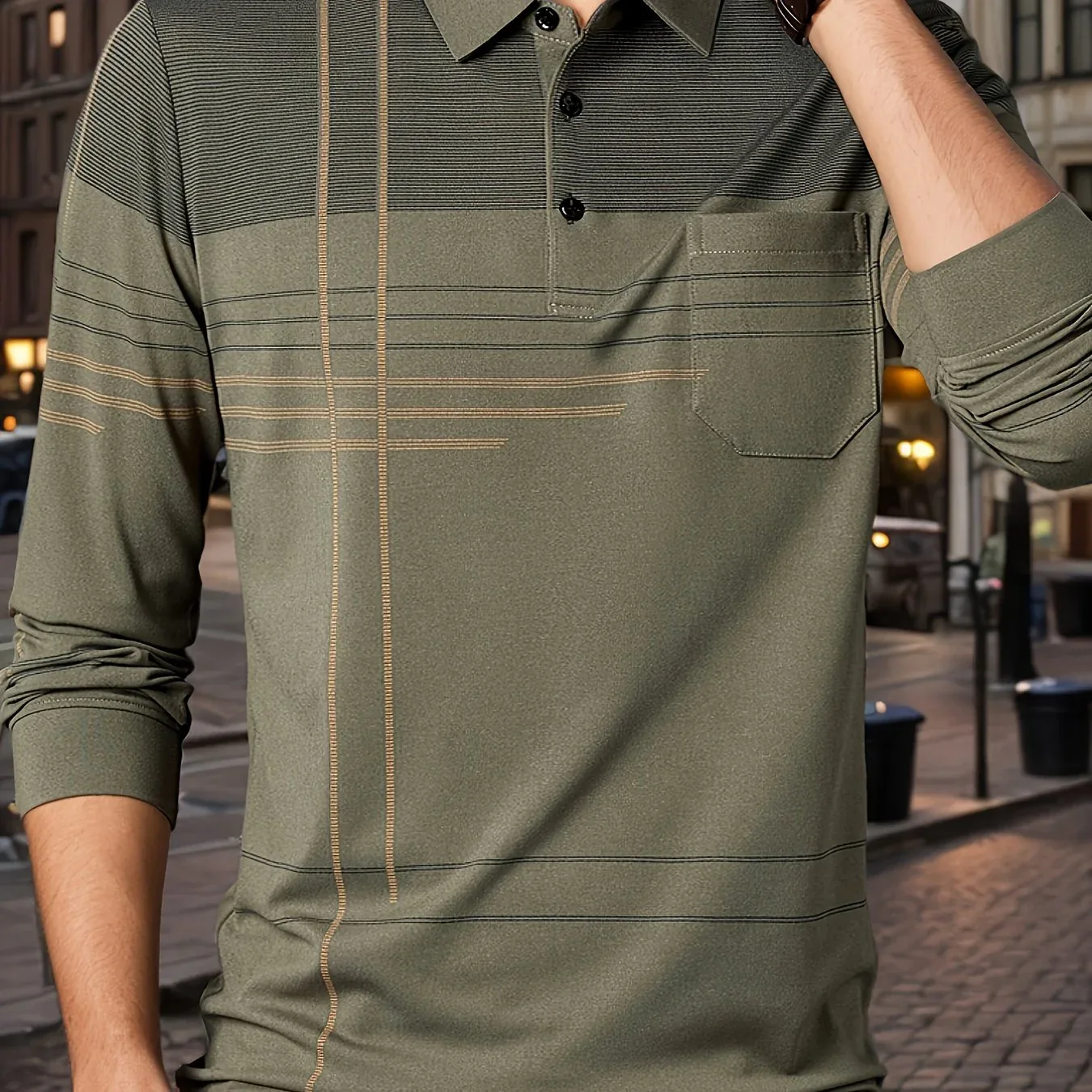 Men's Vintage-Inspired Striped Shirt with Chest Pocket - Breathable, Long Sleeve, Button Detail for Golf & Outdoor Activities - Image 59