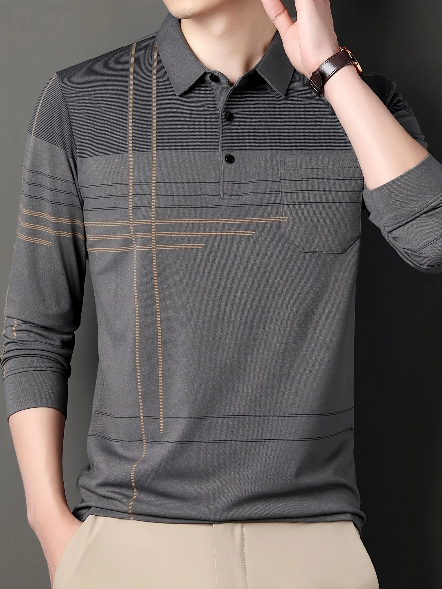 Men's Vintage-Inspired Striped Shirt with Chest Pocket - Breathable, Long Sleeve, Button Detail for Golf & Outdoor Activities - Image 6