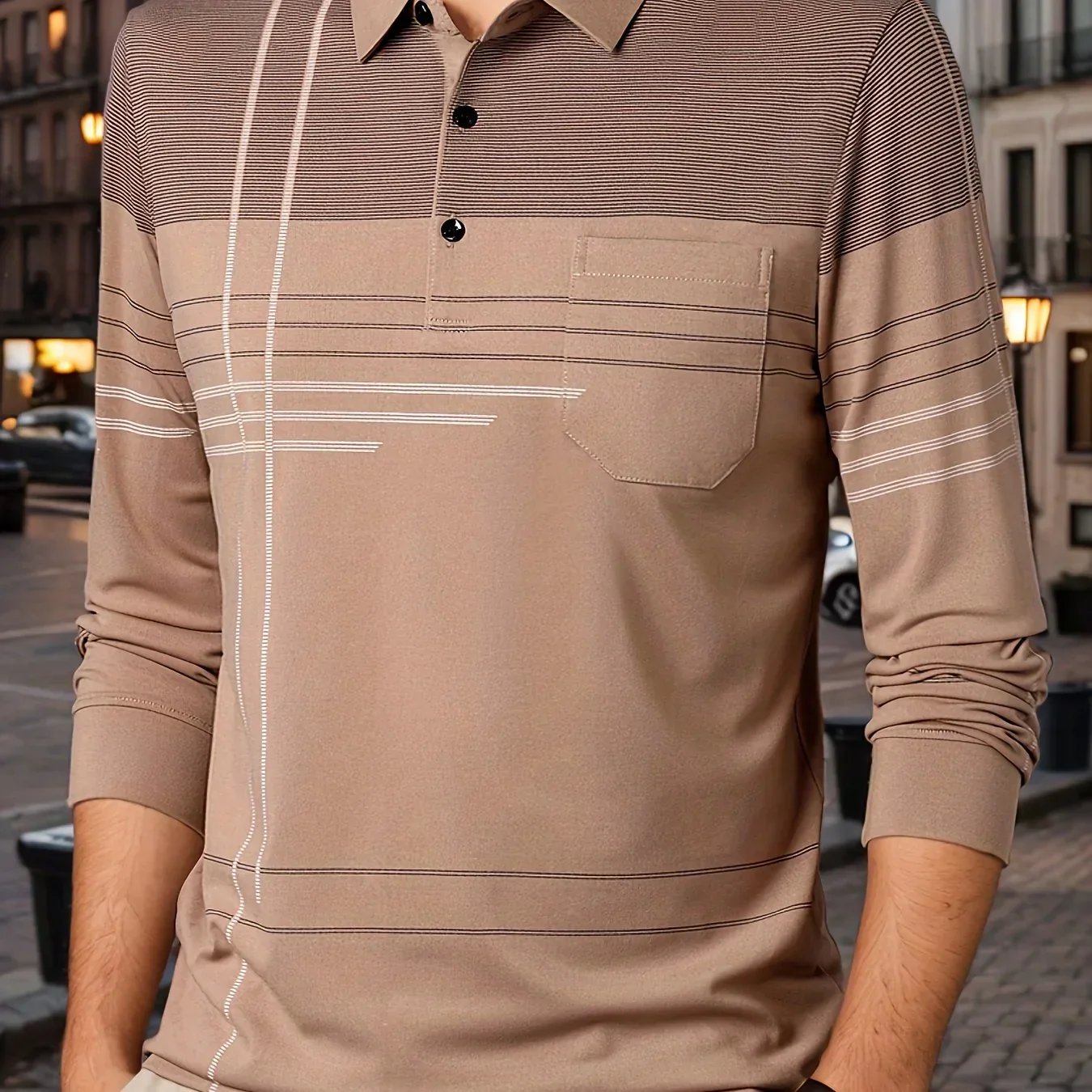 Men's Vintage-Inspired Striped Shirt with Chest Pocket - Breathable, Long Sleeve, Button Detail for Golf & Outdoor Activities - Image 68