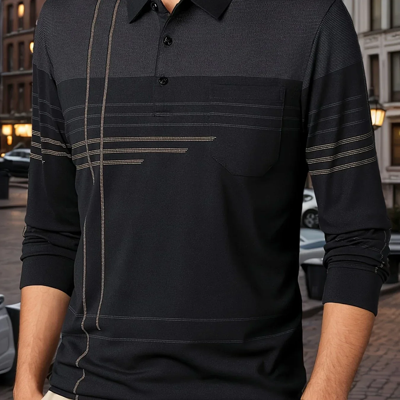 Men's Vintage-Inspired Striped Shirt with Chest Pocket - Breathable, Long Sleeve, Button Detail for Golf & Outdoor Activities - Image 69