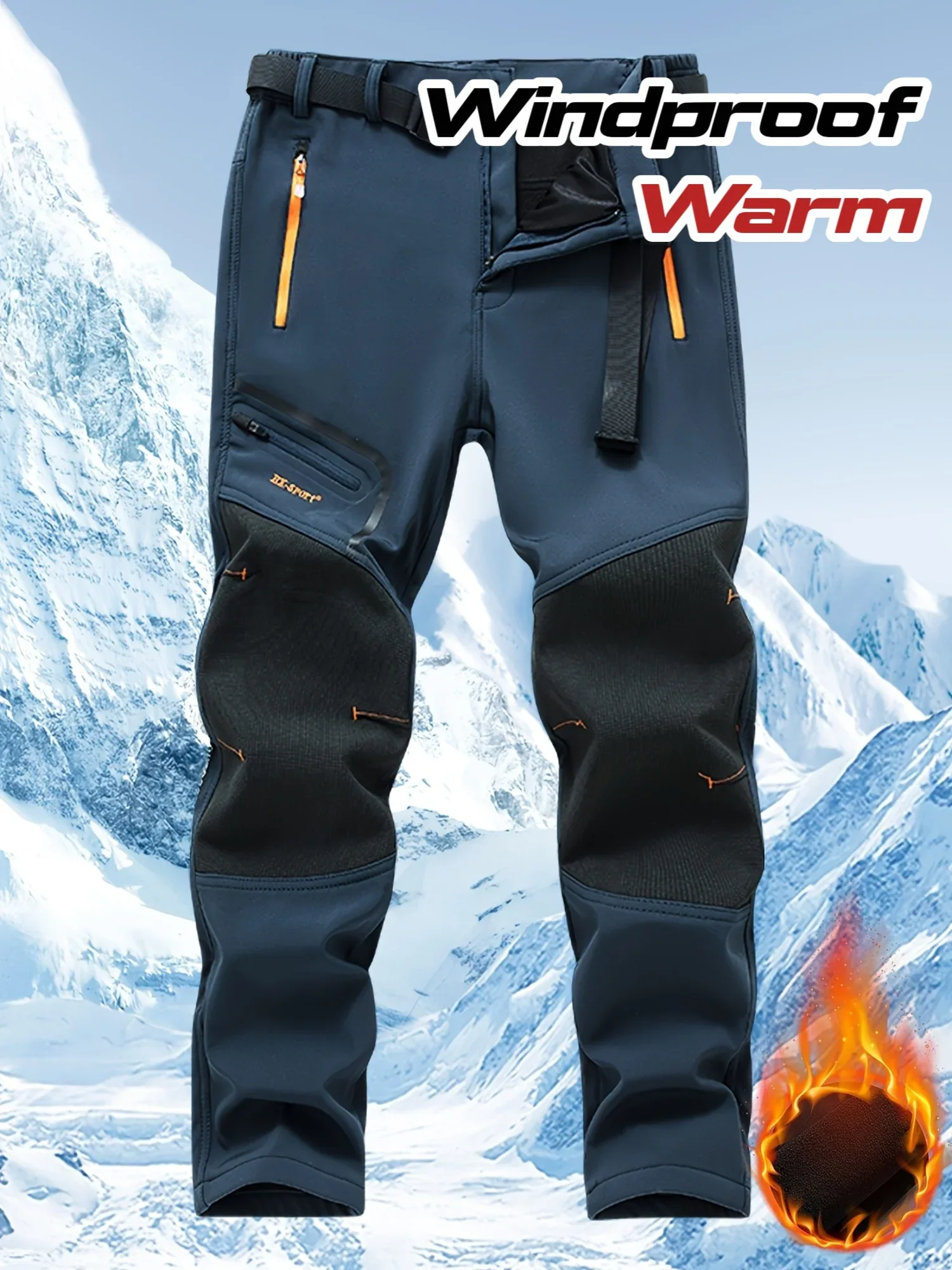 Men's Warm Windproof Cargo Pants with Belt & Zippered Pockets - Olive Green, Black & Yellow Accents, Perfect for Winter Outdoor Activities & Casual Wear, Winter Clothes