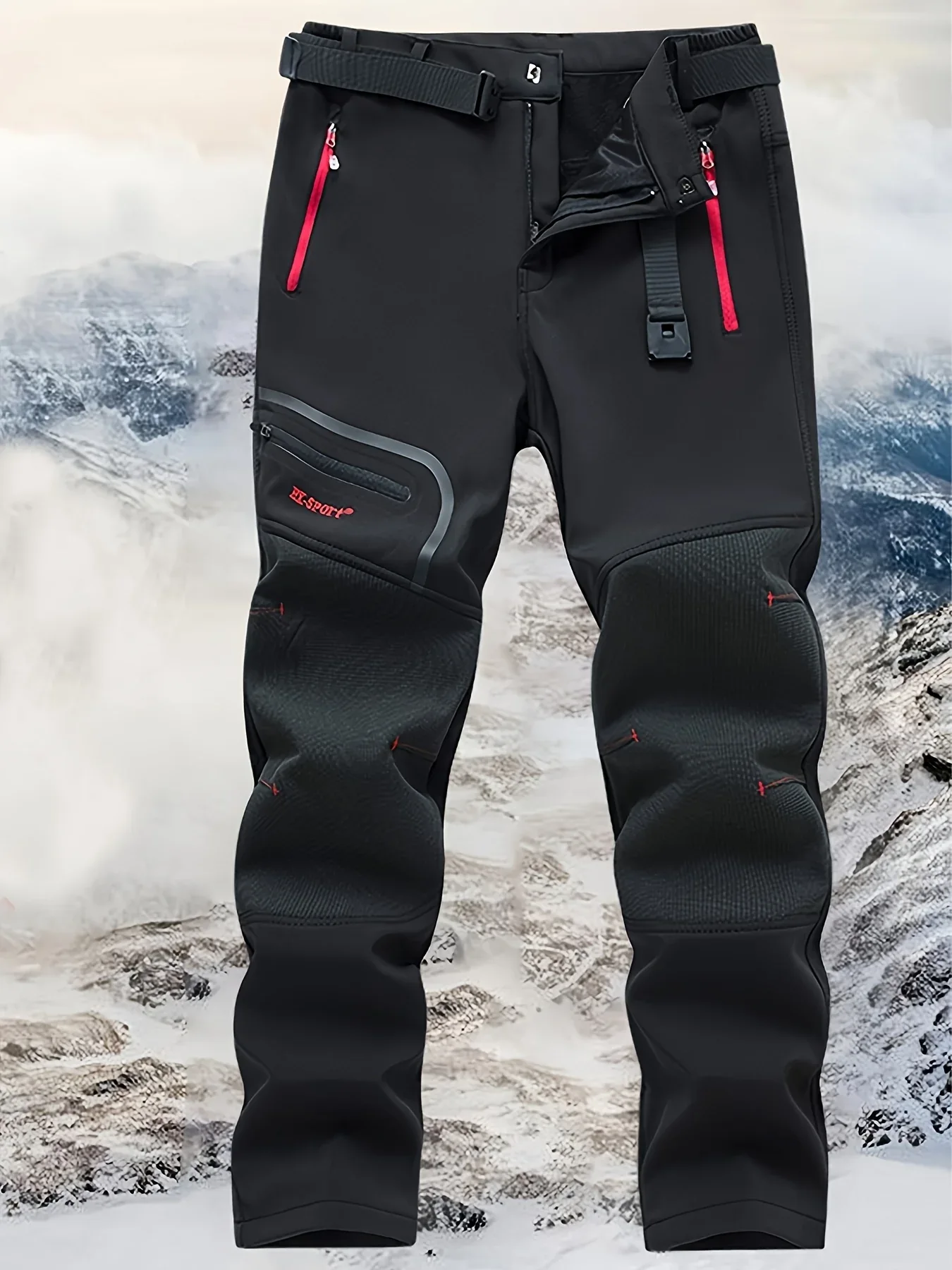 Men's Warm Windproof Cargo Pants with Belt & Zippered Pockets - Olive Green, Black & Yellow Accents, Perfect for Winter Outdoor Activities & Casual Wear, Winter Clothes - Image 10