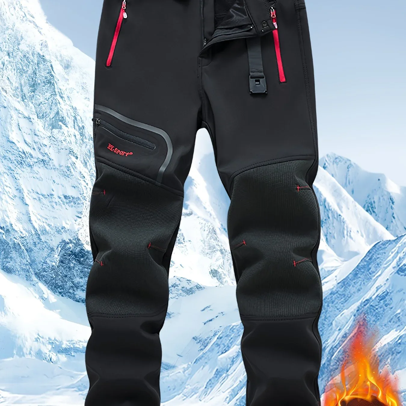 Men's Warm Windproof Cargo Pants with Belt & Zippered Pockets - Olive Green, Black & Yellow Accents, Perfect for Winter Outdoor Activities & Casual Wear, Winter Clothes - Image 12