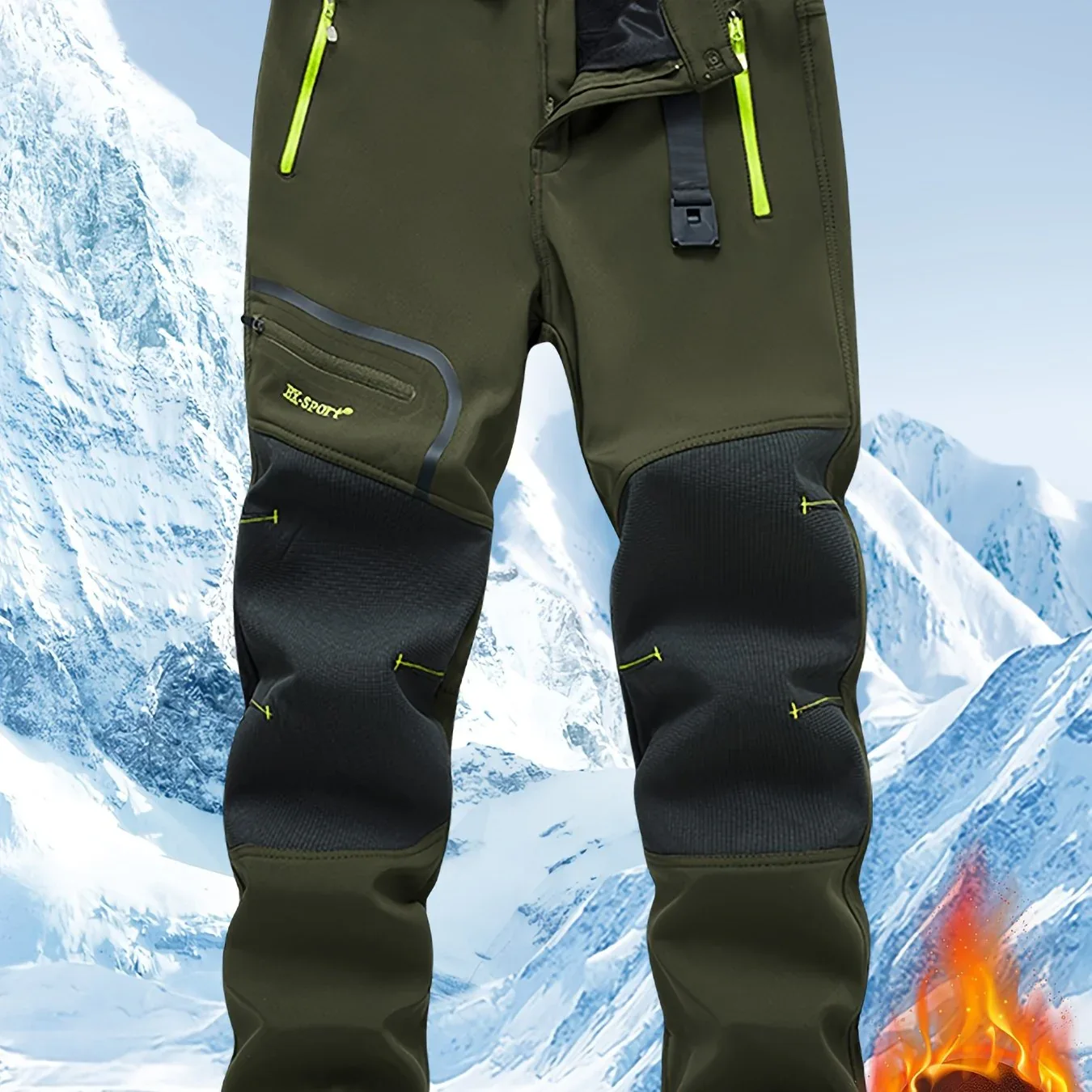 Men's Warm Windproof Cargo Pants with Belt & Zippered Pockets - Olive Green, Black & Yellow Accents, Perfect for Winter Outdoor Activities & Casual Wear, Winter Clothes - Image 14