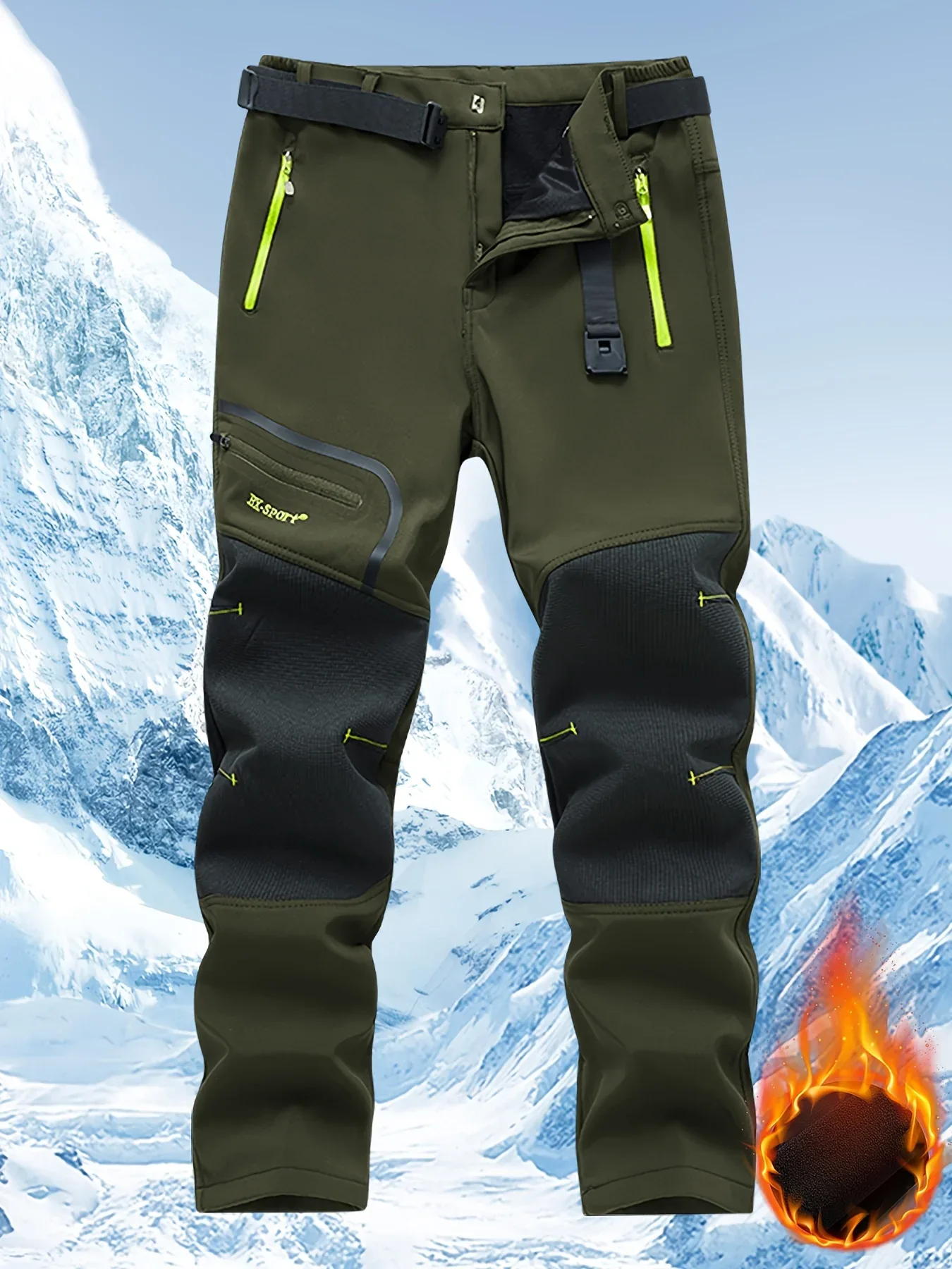 Men's Warm Windproof Cargo Pants with Belt & Zippered Pockets - Olive Green, Black & Yellow Accents, Perfect for Winter Outdoor Activities & Casual Wear, Winter Clothes - Image 2