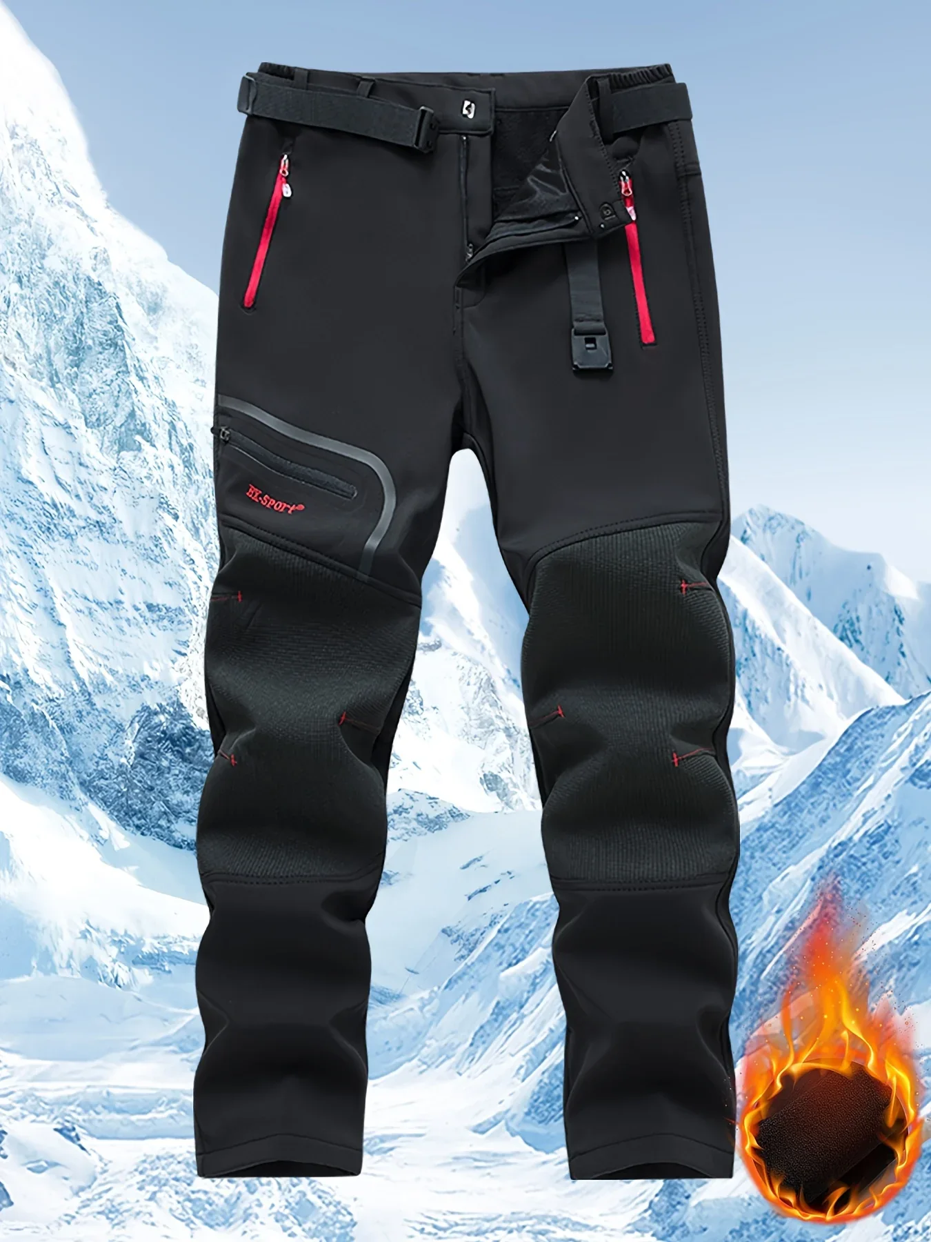 Men's Warm Windproof Cargo Pants with Belt & Zippered Pockets - Olive Green, Black & Yellow Accents, Perfect for Winter Outdoor Activities & Casual Wear, Winter Clothes - Image 4