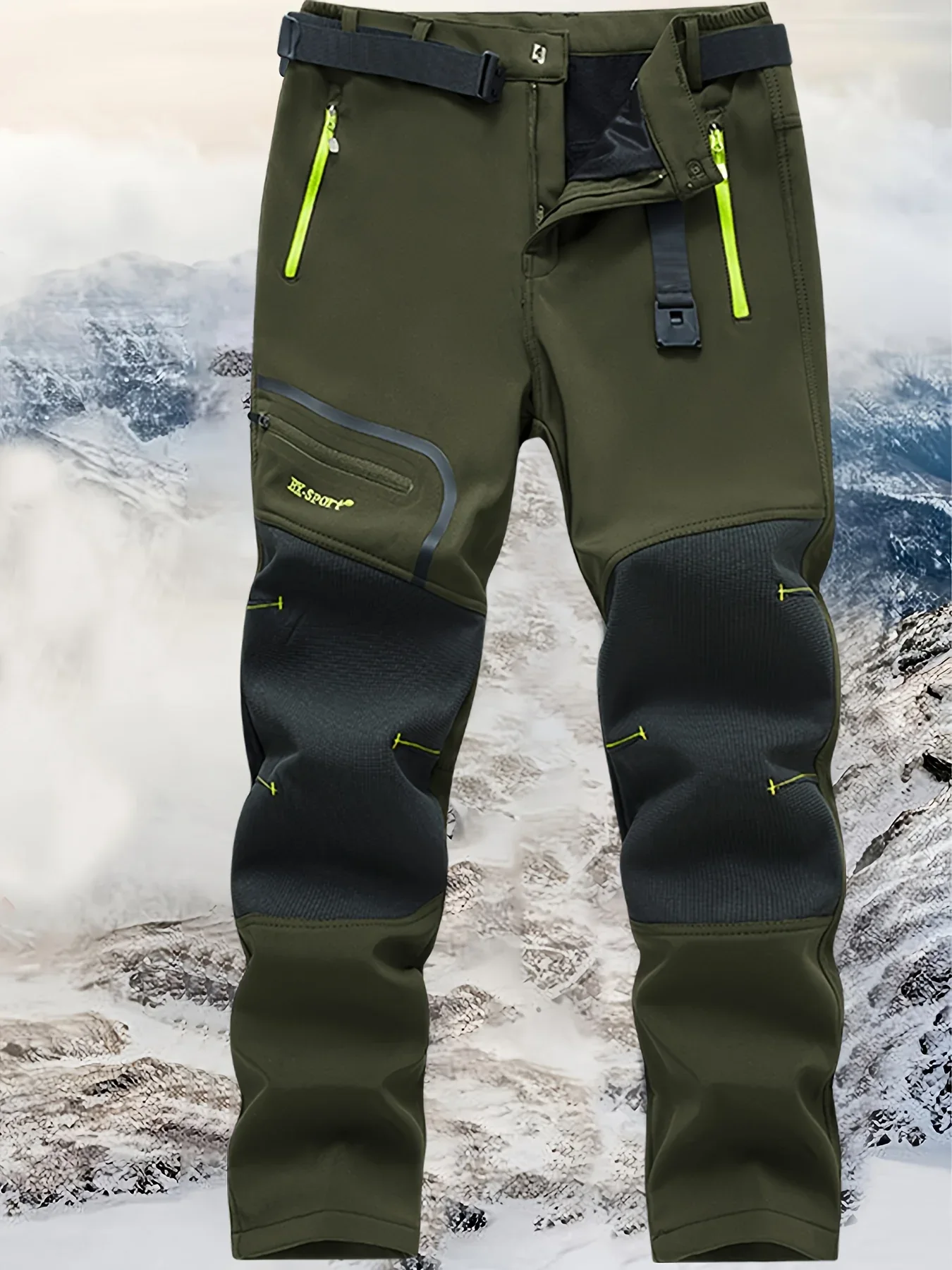 Men's Warm Windproof Cargo Pants with Belt & Zippered Pockets - Olive Green, Black & Yellow Accents, Perfect for Winter Outdoor Activities & Casual Wear, Winter Clothes - Image 8