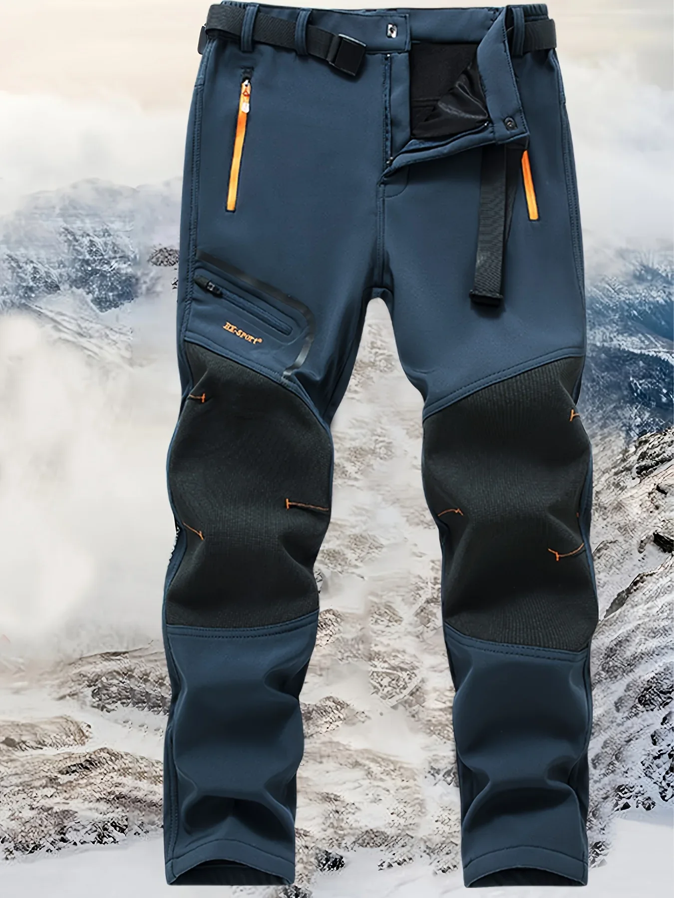 Men's Warm Windproof Cargo Pants with Belt & Zippered Pockets - Olive Green, Black & Yellow Accents, Perfect for Winter Outdoor Activities & Casual Wear, Winter Clothes - Image 9