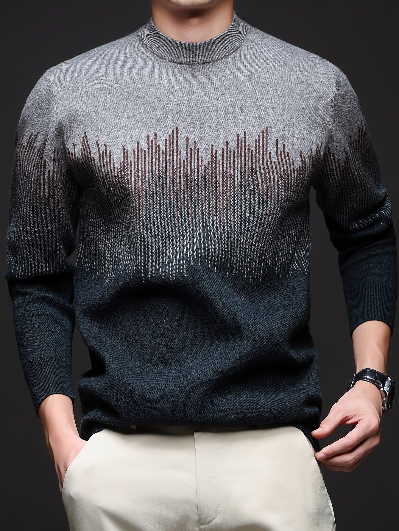 Men's Winter Warm Vertical Stripe Sweater - Dark Grey/Black Gradient Knit Pullover with Tapered Tail Hem, Casual & Outdoor Long Sleeve Round Neck Sweater for,, Office - All-Season Layering (Beige/White)