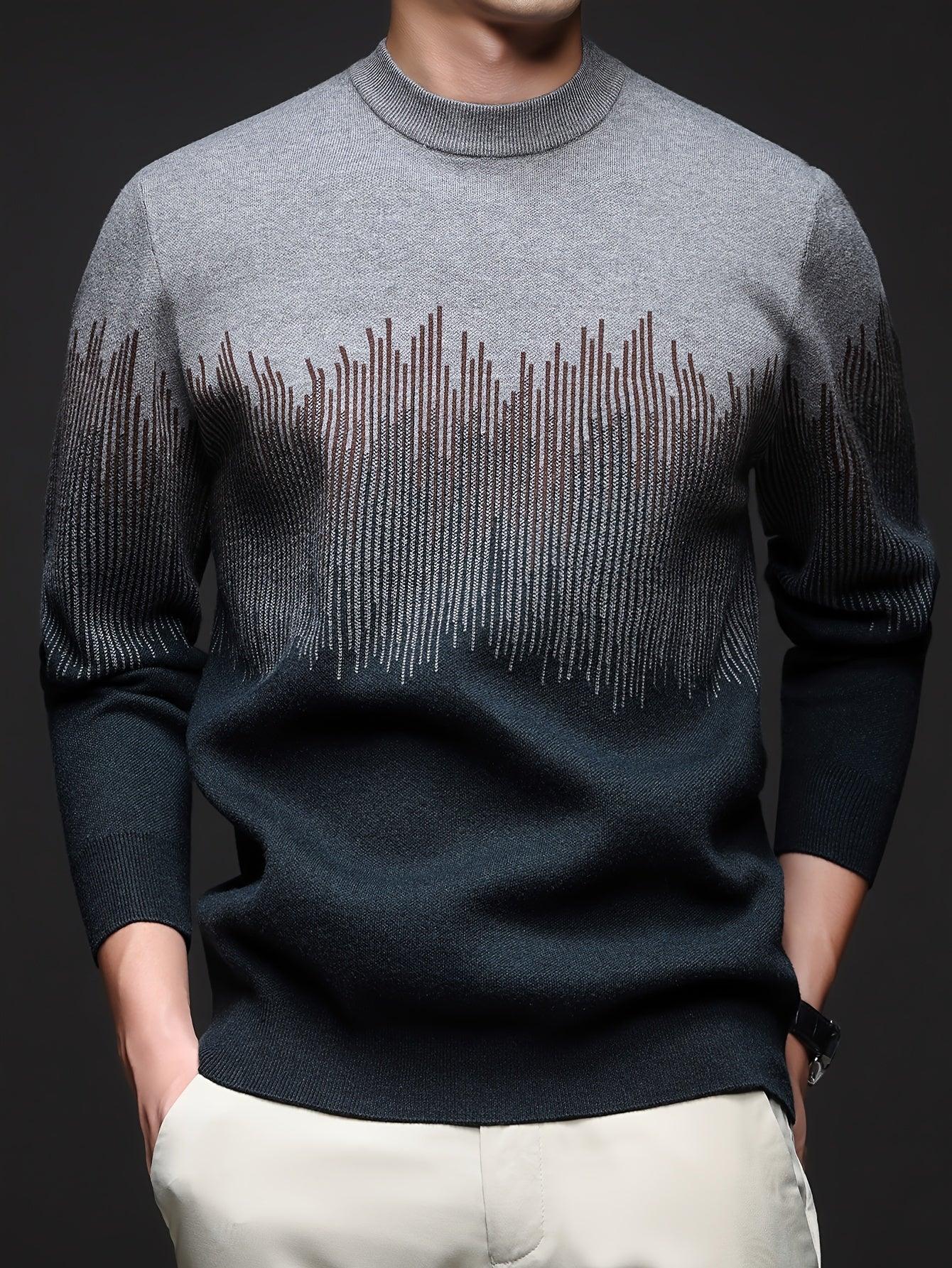 Men's Winter Warm Vertical Stripe Sweater - Dark Grey/Black Gradient Knit Pullover with Tapered Tail Hem, Casual & Outdoor Long Sleeve Round Neck Sweater for,, Office - All-Season Layering (Beige/White) - Image 2