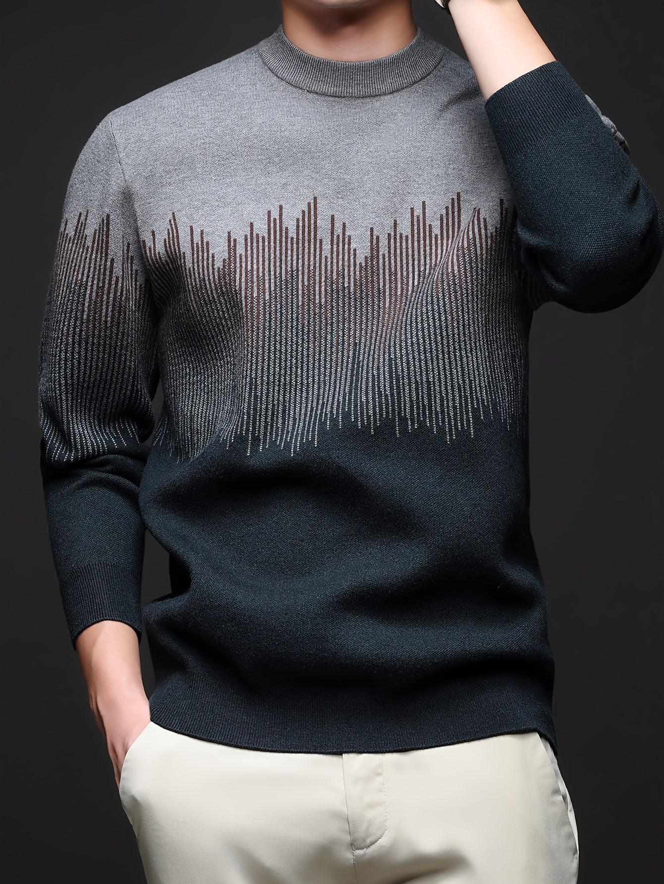 Men's Winter Warm Vertical Stripe Sweater - Dark Grey/Black Gradient Knit Pullover with Tapered Tail Hem, Casual & Outdoor Long Sleeve Round Neck Sweater for,, Office - All-Season Layering (Beige/White) - Image 3