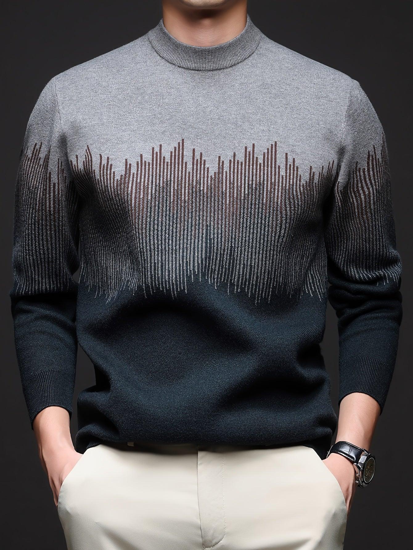 Men's Winter Warm Vertical Stripe Sweater - Dark Grey/Black Gradient Knit Pullover with Tapered Tail Hem, Casual & Outdoor Long Sleeve Round Neck Sweater for,, Office - All-Season Layering (Beige/White) - Image 4