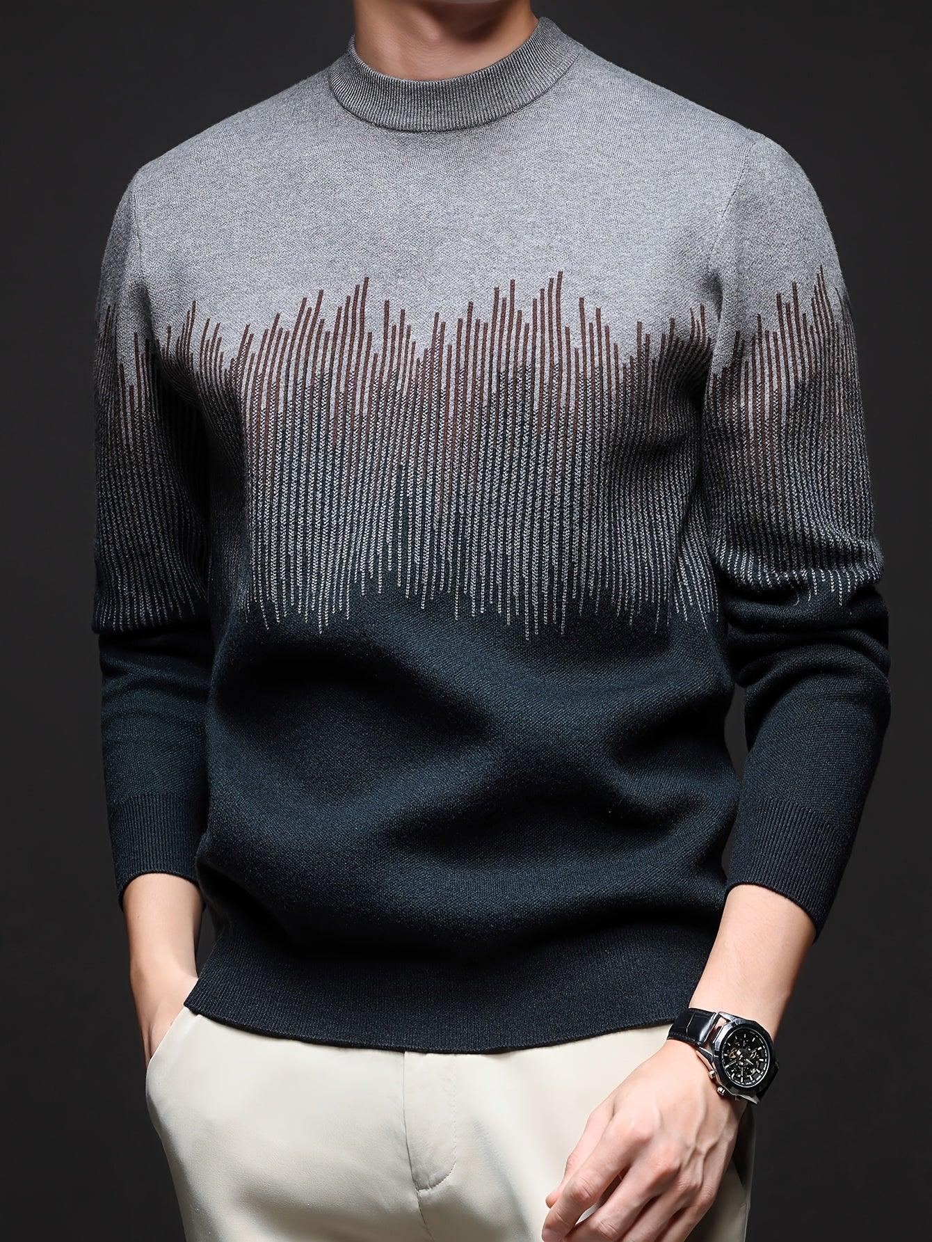 Men's Winter Warm Vertical Stripe Sweater - Dark Grey/Black Gradient Knit Pullover with Tapered Tail Hem, Casual & Outdoor Long Sleeve Round Neck Sweater for,, Office - All-Season Layering (Beige/White) - Image 5