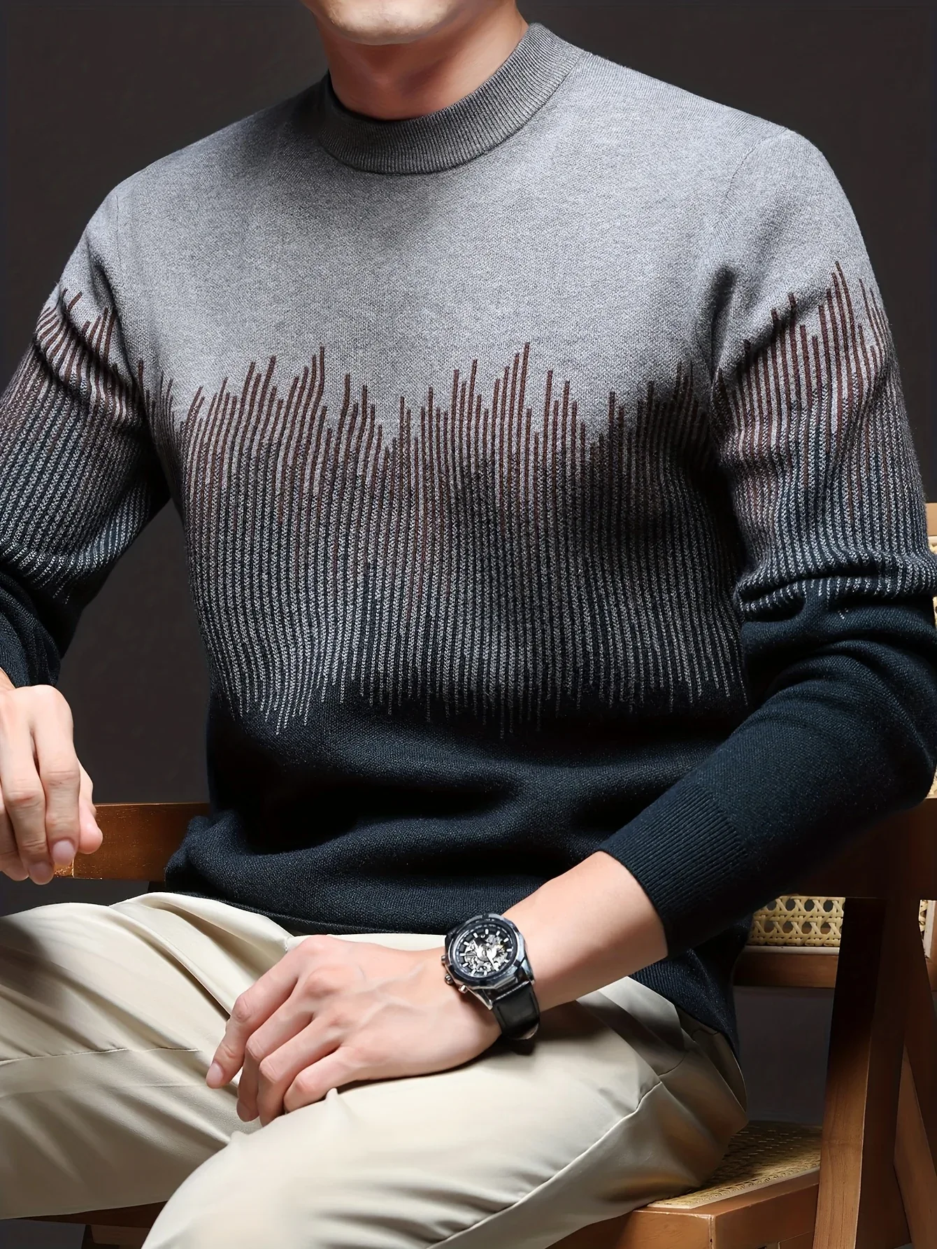 Men's Winter Warm Vertical Stripe Sweater - Dark Grey/Black Gradient Knit Pullover with Tapered Tail Hem, Casual & Outdoor Long Sleeve Round Neck Sweater for,, Office - All-Season Layering (Beige/White) - Image 6