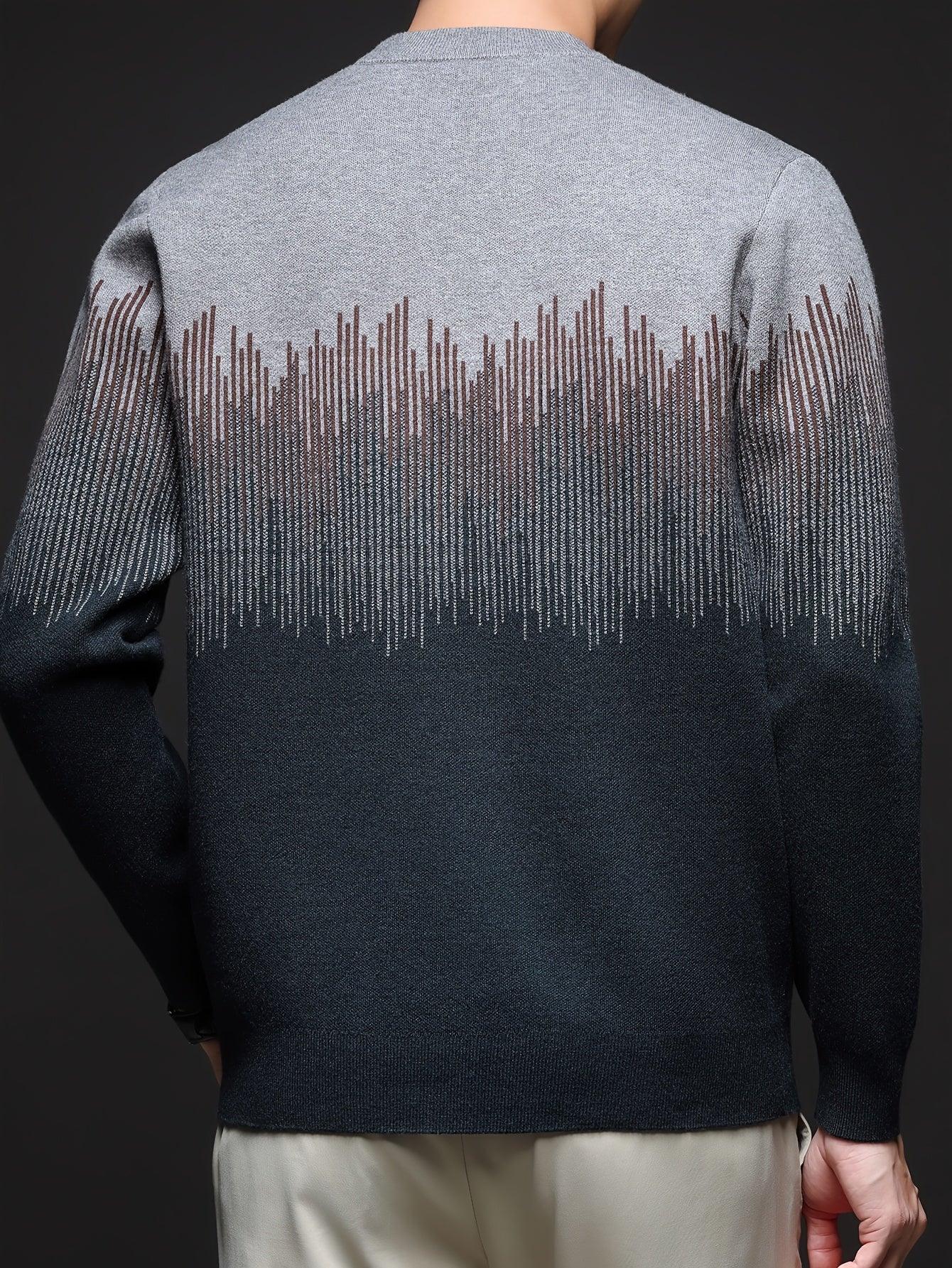 Men's Winter Warm Vertical Stripe Sweater - Dark Grey/Black Gradient Knit Pullover with Tapered Tail Hem, Casual & Outdoor Long Sleeve Round Neck Sweater for,, Office - All-Season Layering (Beige/White) - Image 7