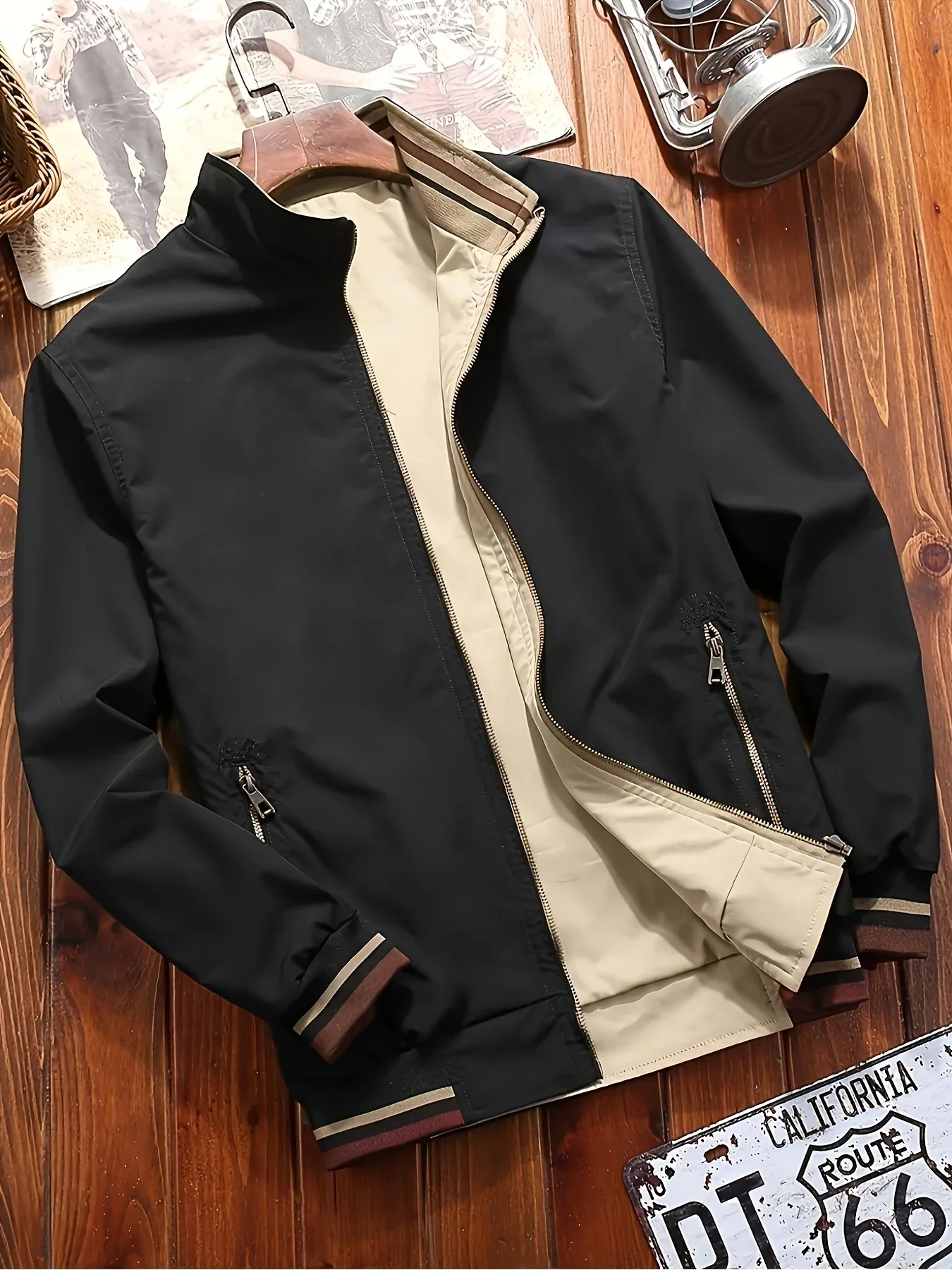 Men's Zip-Up Jacket with Stand Collar - Front Zipper Closure, Beige/ Navy Color Block, Lightweight Polyester Outer Coat for Casual & Formal Events - Machine Washable Everyday Outerwear