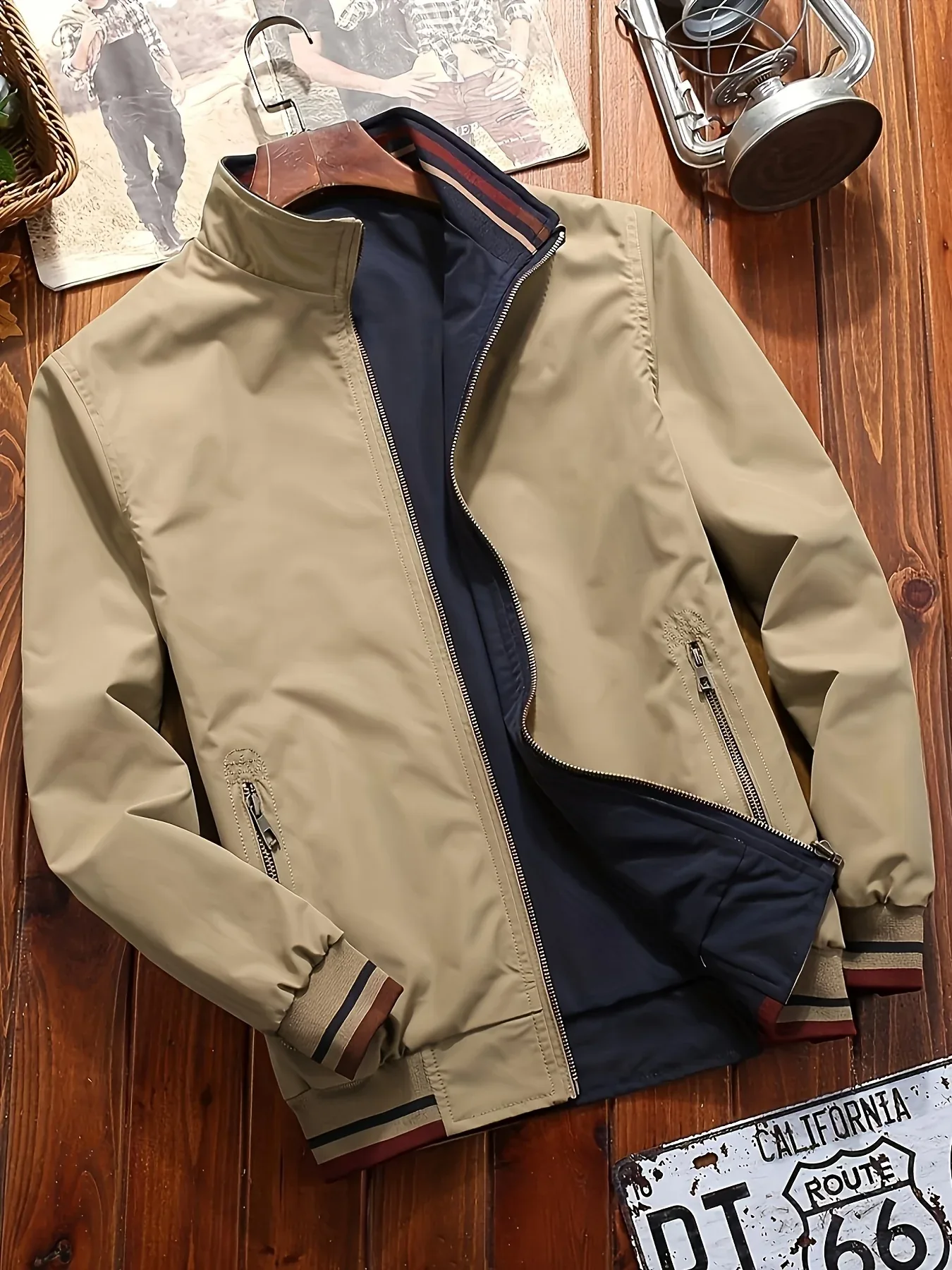Men's Zip-Up Jacket with Stand Collar - Front Zipper Closure, Beige/ Navy Color Block, Lightweight Polyester Outer Coat for Casual & Formal Events - Machine Washable Everyday Outerwear - Image 2